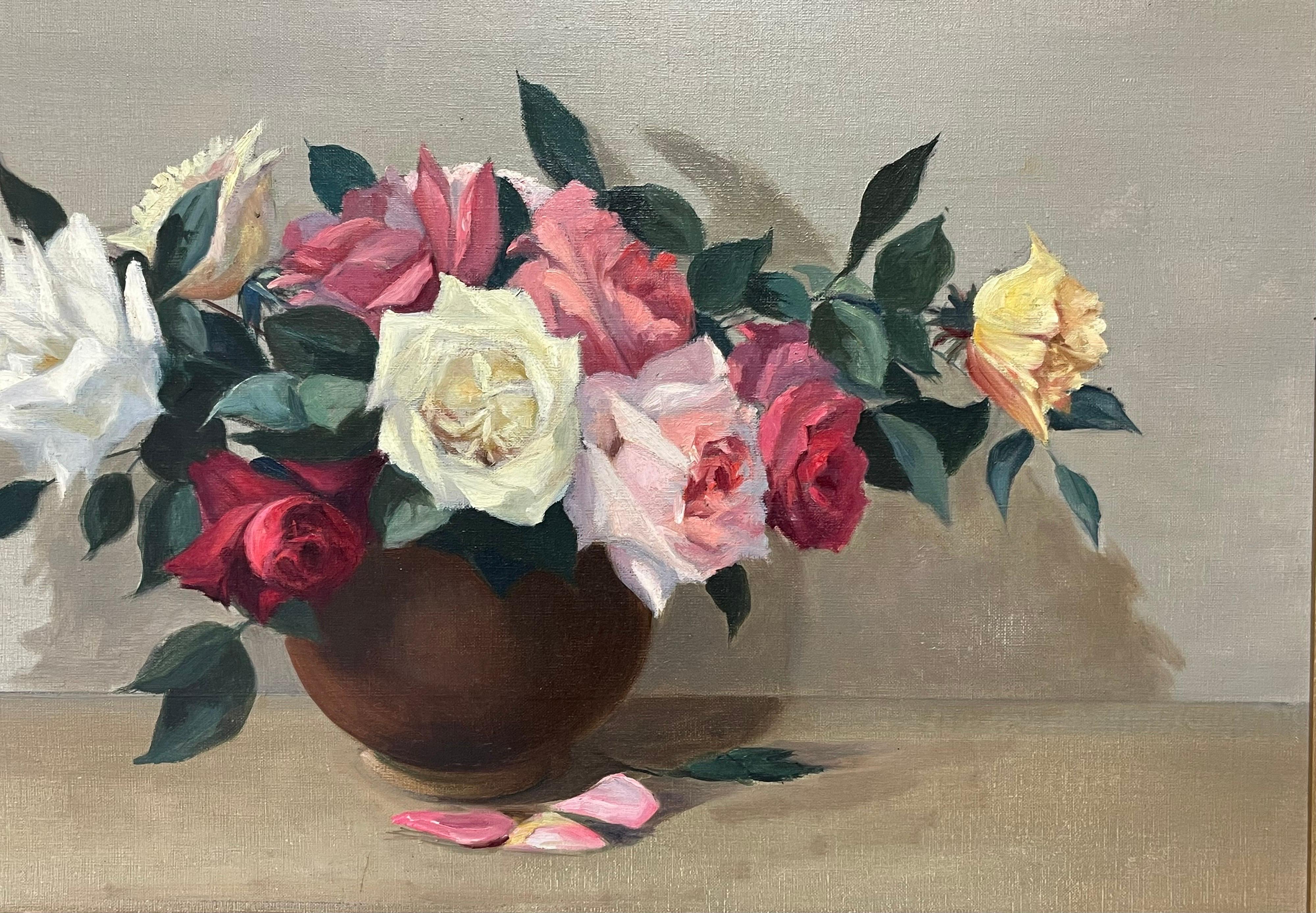 Large 20th Century French Impressionist Signed Oil - Beautiful Roses in Bowl - Brown Interior Painting by G. Pernet