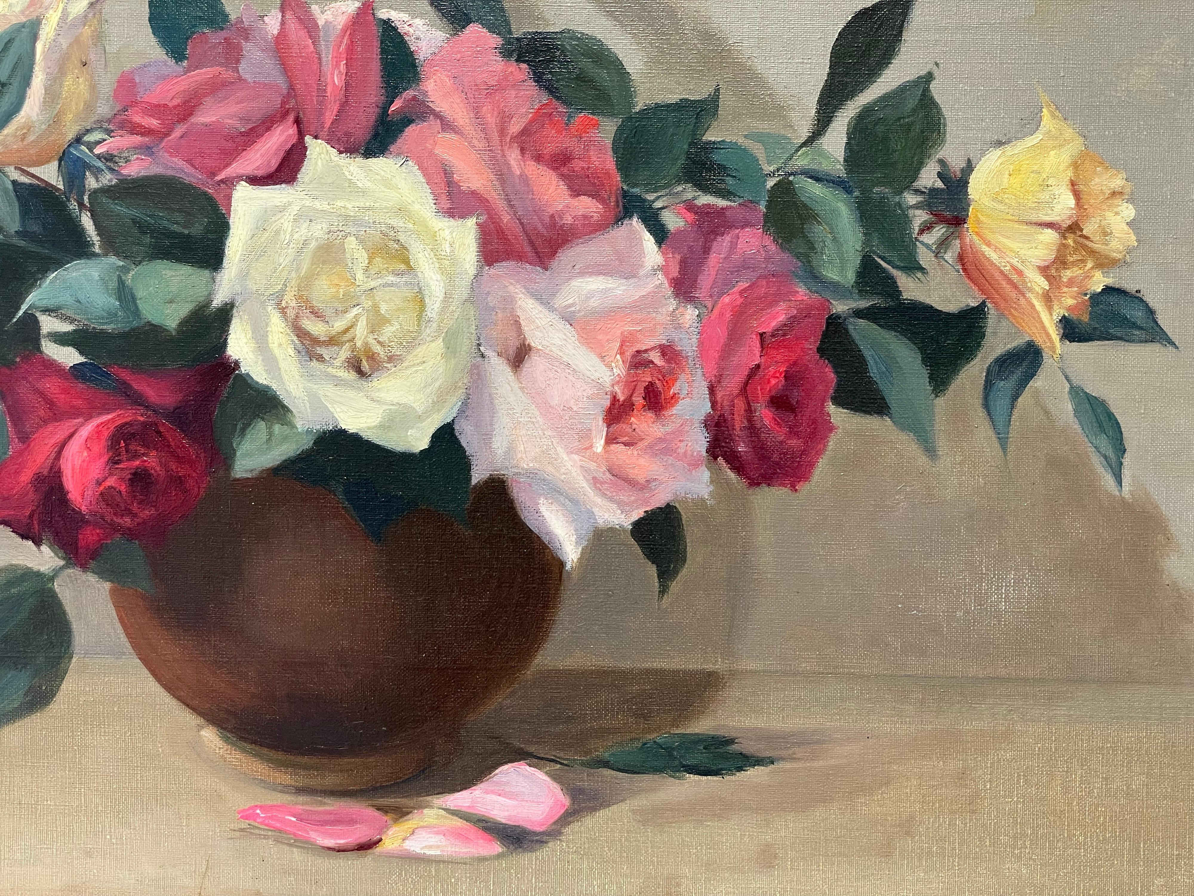 Still Life of Roses in a Bowl
French School, circa 1960's
signed, 'G. Pernet'
oil painting on canvas, framed
canvas: 18 x 32 inches
framed: 23.5 x 37.5 inches
provenance: private collection, France
condition: very good

Beautifully crisply detailed