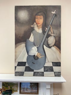 Large 1960s French Modernist Oil Painting Young Girl with Lute Guitar & Dove