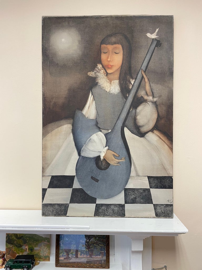 Large 1960s French Modernist Oil Painting Young Girl with Lute Guitar & Dove - Gray Figurative Painting by French 1960's