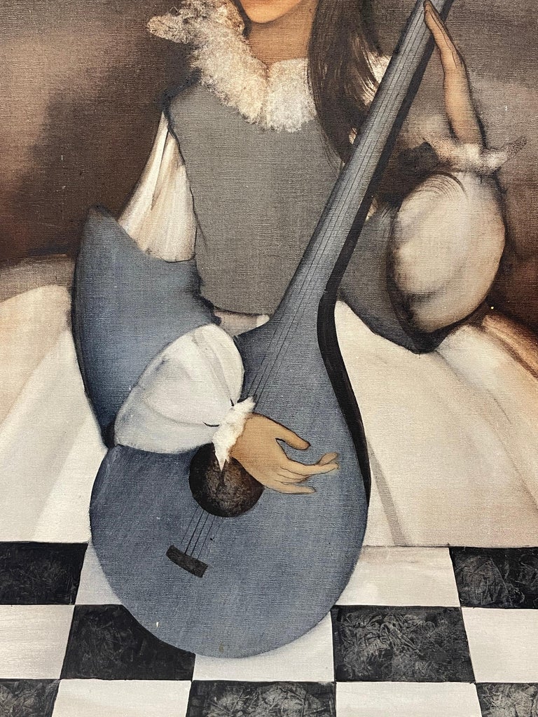 Large 1960s French Modernist Oil Painting Young Girl with Lute Guitar & Dove For Sale 1