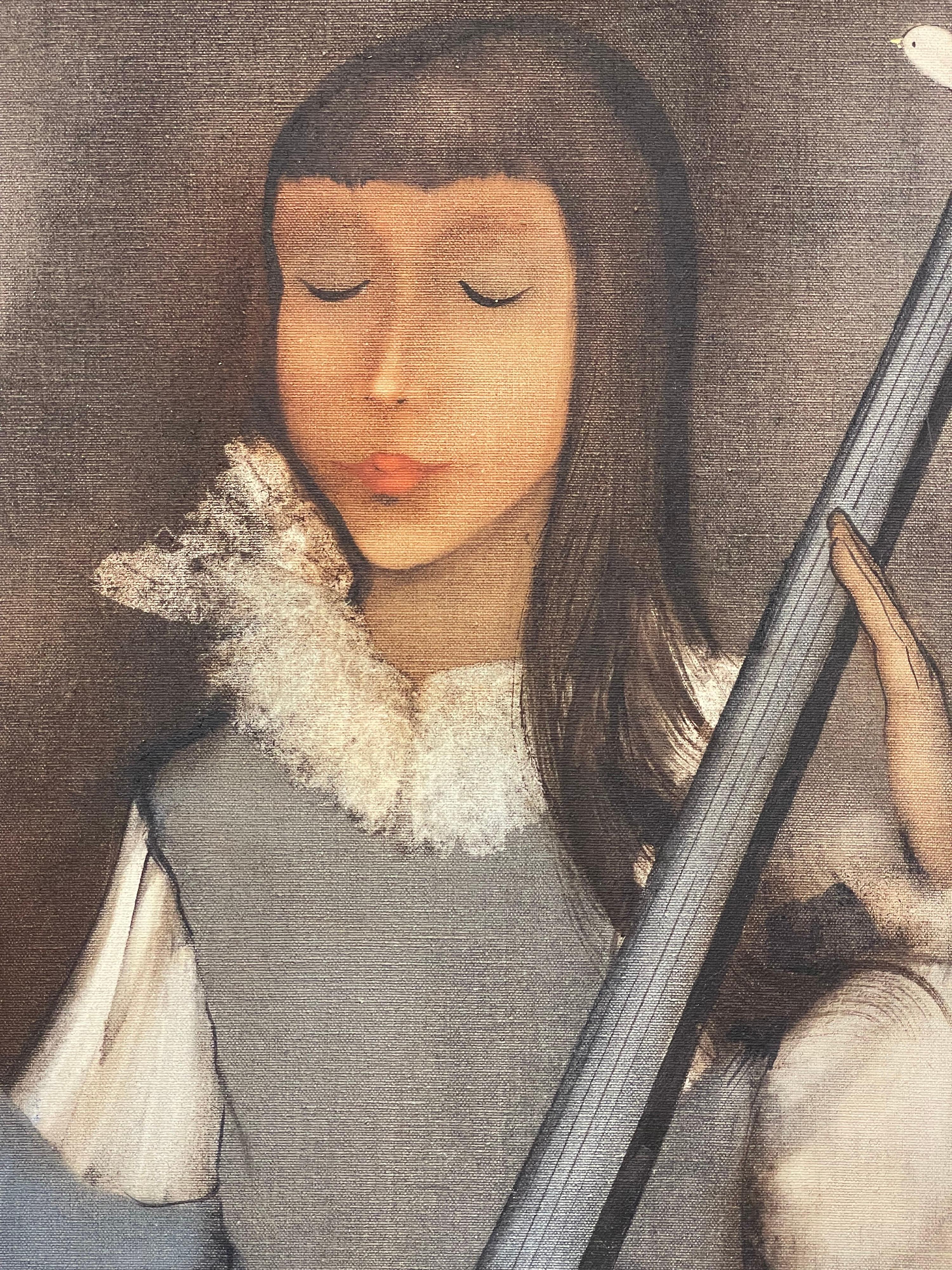 Large 1960s French Modernist Oil Painting Young Girl with Lute Guitar & Dove 1