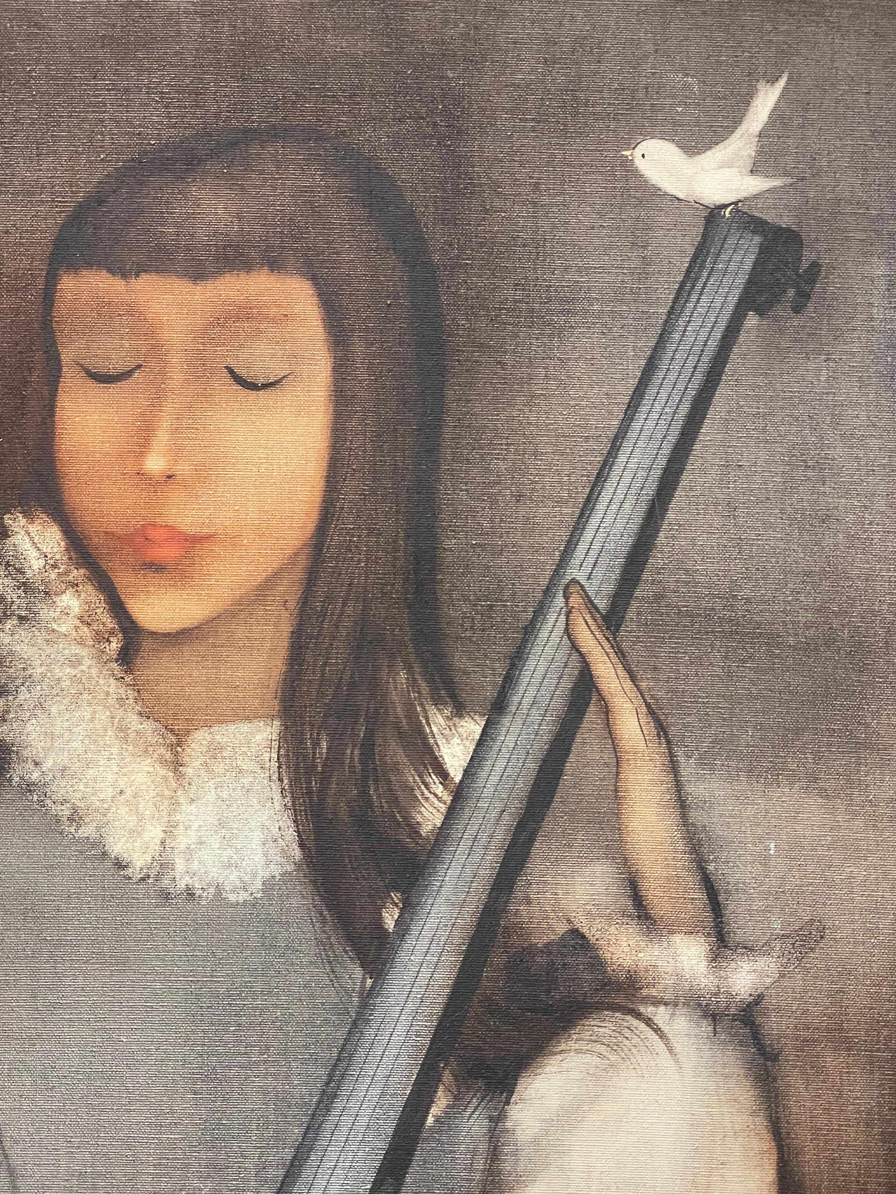 Large 1960s French Modernist Oil Painting Young Girl with Lute Guitar & Dove 2