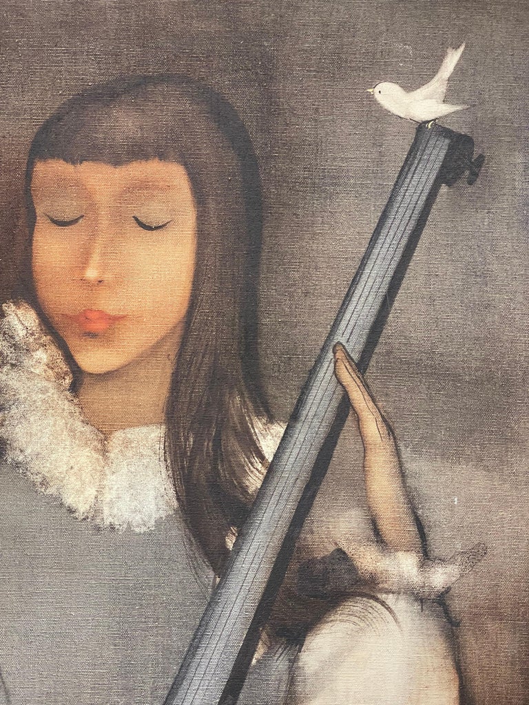 Large 1960s French Modernist Oil Painting Young Girl with Lute Guitar & Dove For Sale 5