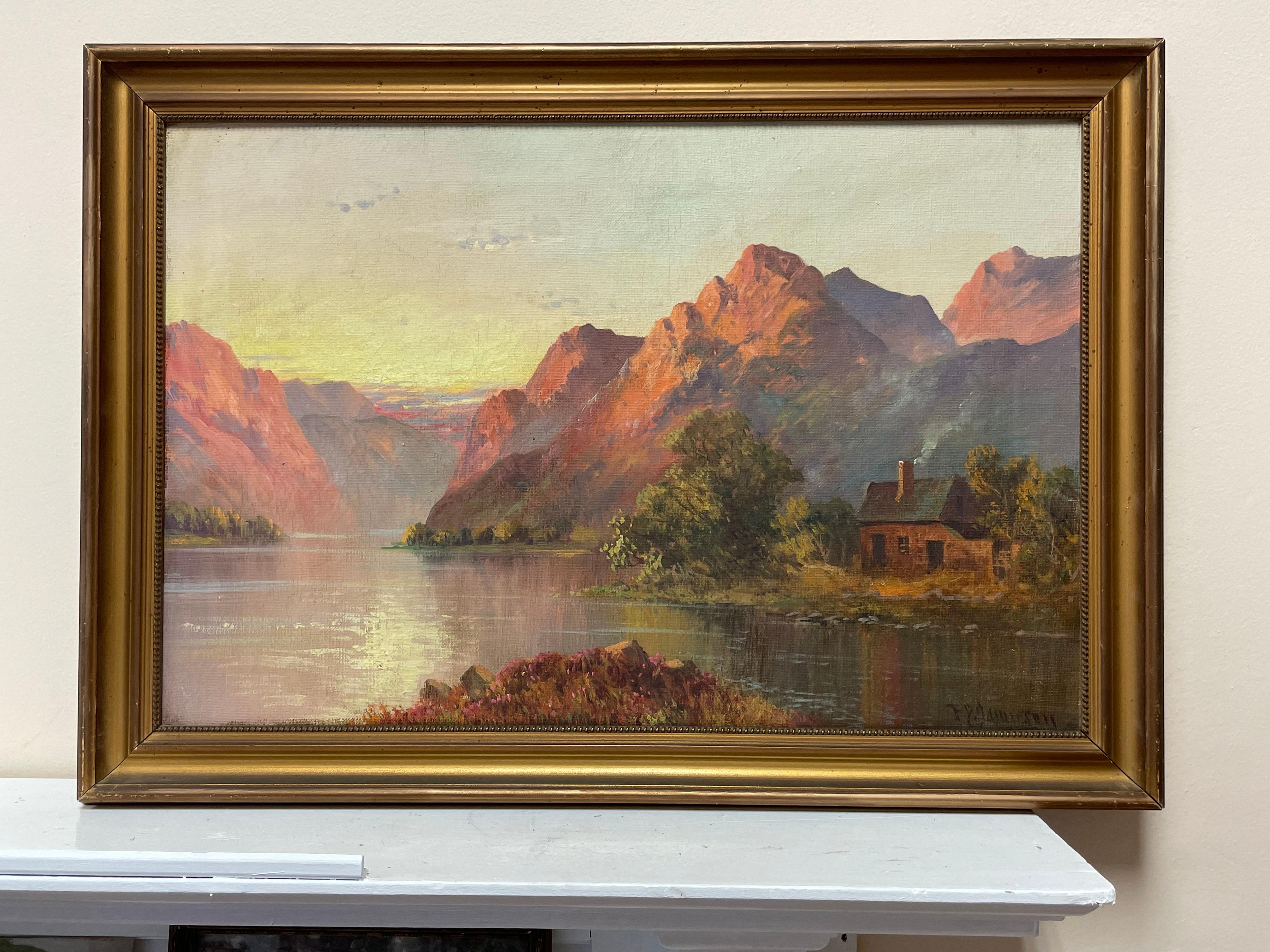 Antique Scottish Highland Loch Scene at Sunset Rugged Mountains & Loch Cottage - Painting by Francis E. Jamieson