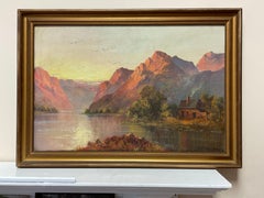Antique Scottish Highland Loch Scene at Sunset Rugged Mountains & Loch Cottage
