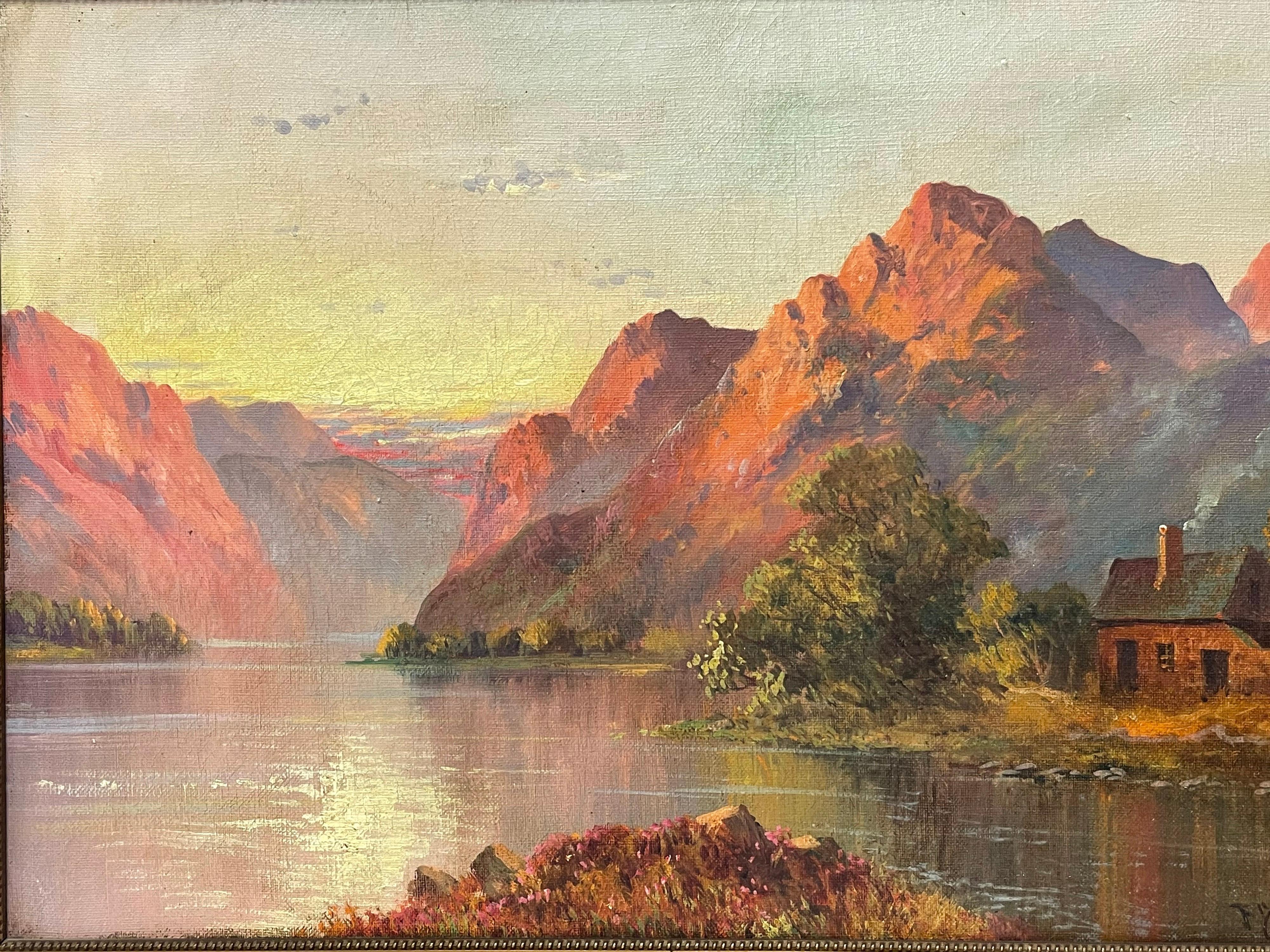 Antico scenario scozzese delle Highland Loch al tramonto Montagne scoscese e cottage sul Loch - Figurative Painting Marrone di Francis E. Jamieson