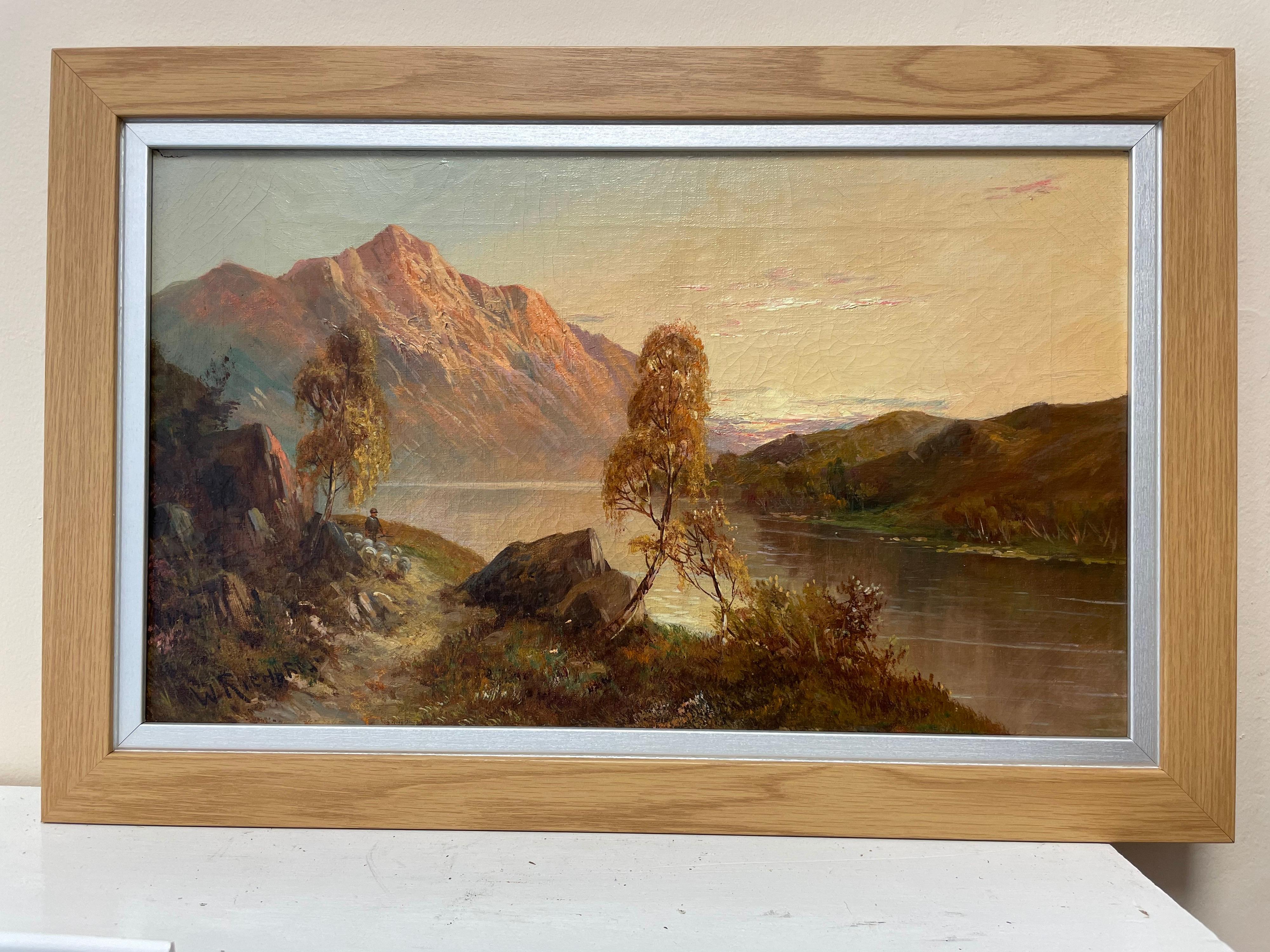 Peinture à l'huile ancienne des Highlands écossais signée « Shepherd & Sheep Sunset Loch » - Painting de Francis E. Jamieson