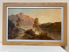 Antique Scottish Highlands Signed Oil Painting Shepherd & Sheep Sunset Loch