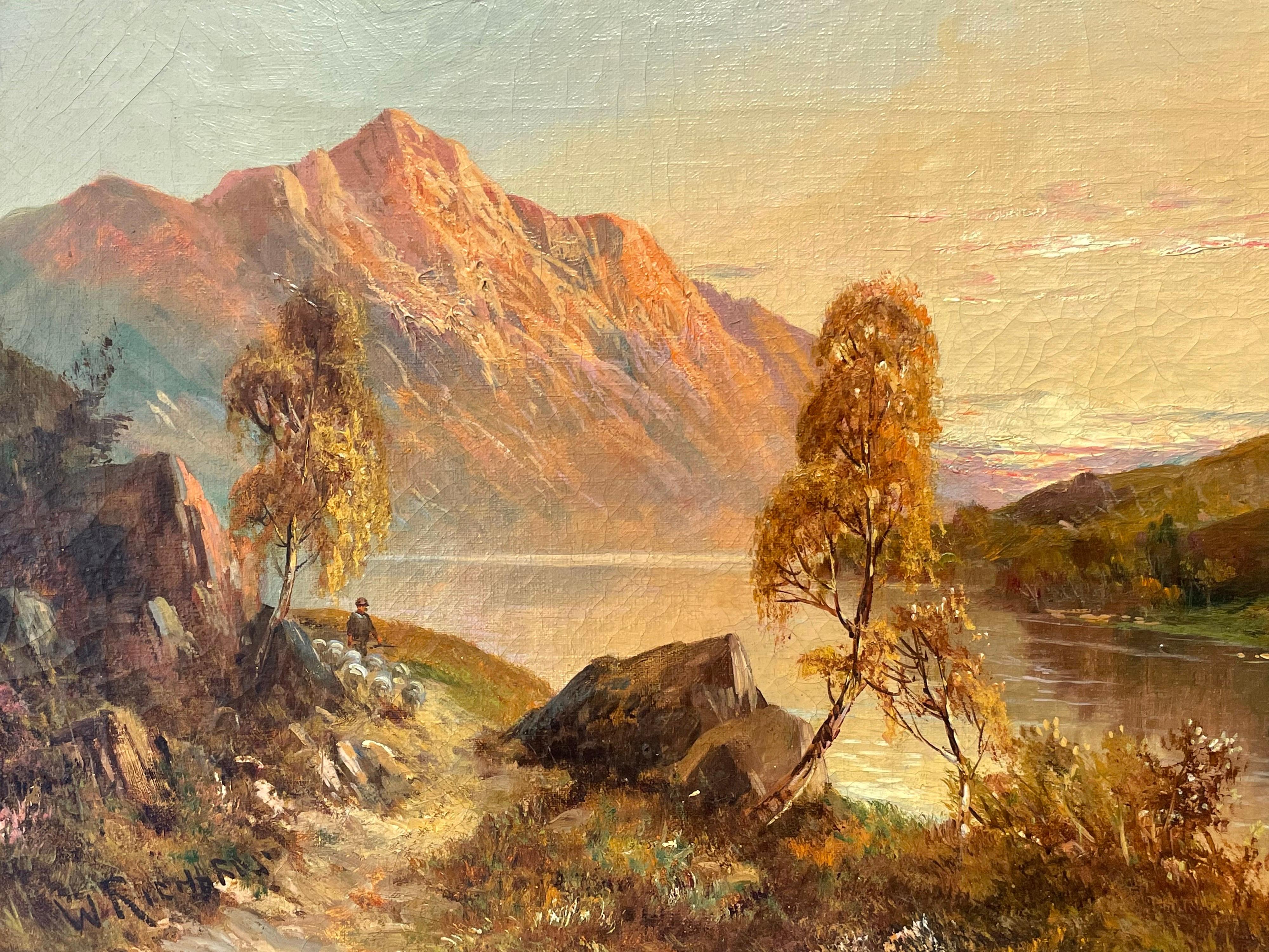 Antique Scottish Highlands Signed Oil Painting Shepherd & Sheep Sunset Loch For Sale 1