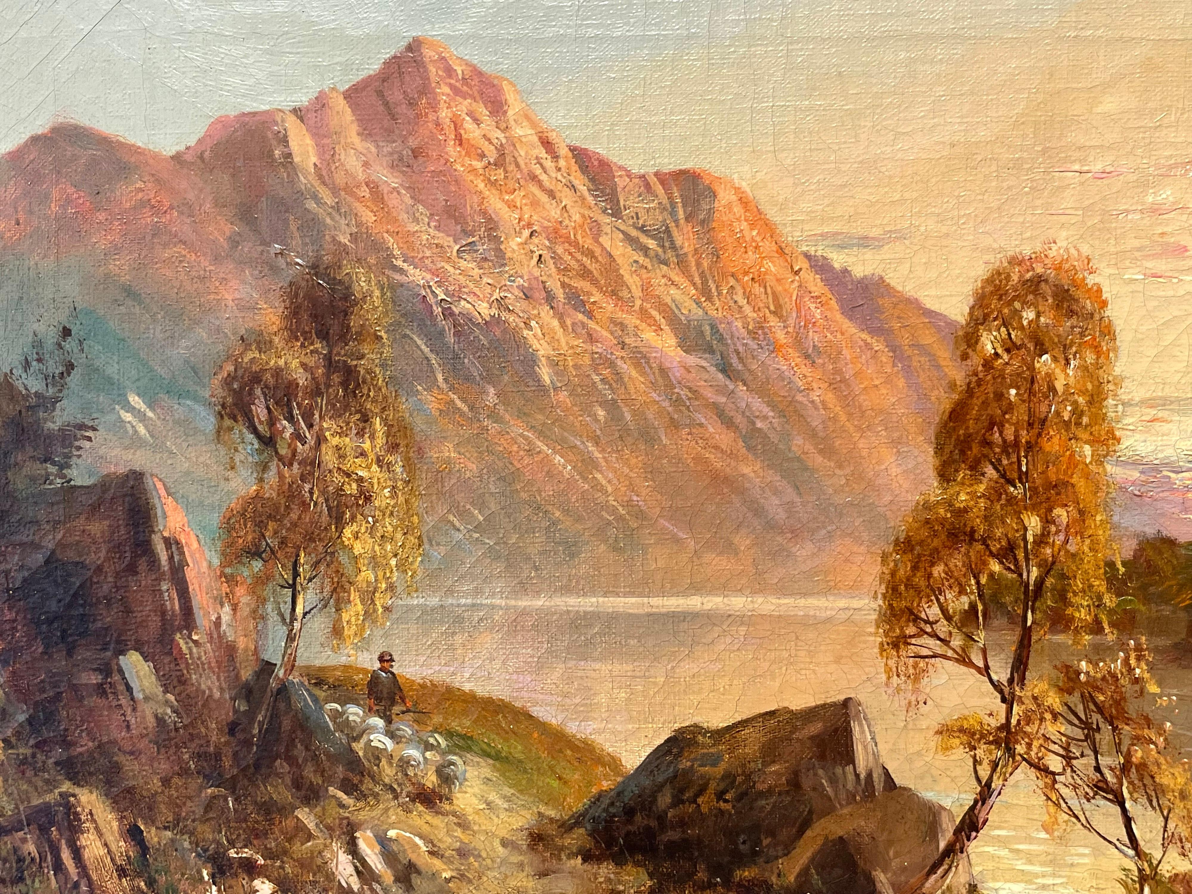 Antique Scottish Highlands Signed Oil Painting Shepherd & Sheep Sunset Loch For Sale 2