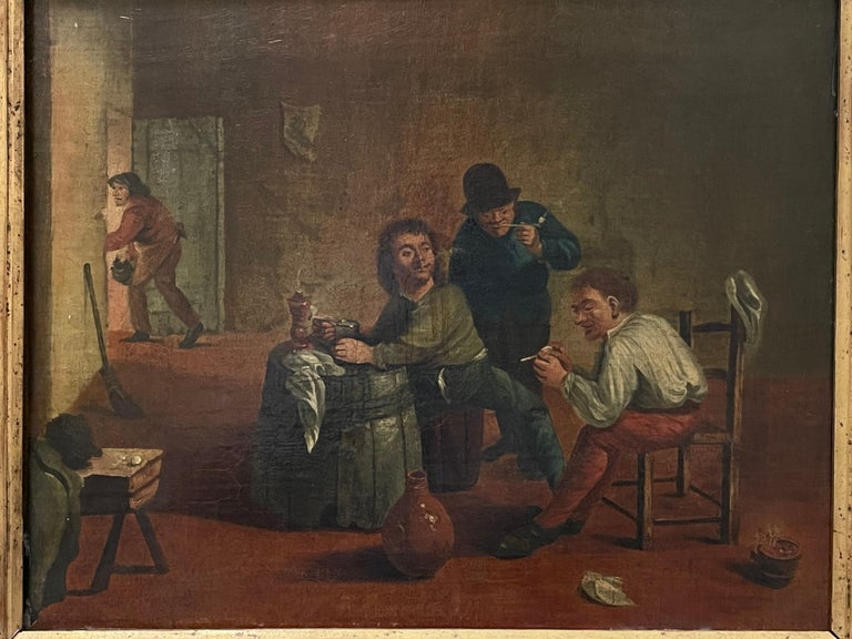 17th Century Dutch Old Master Oil Painting - Tavern Interior Figures Drinking For Sale 1