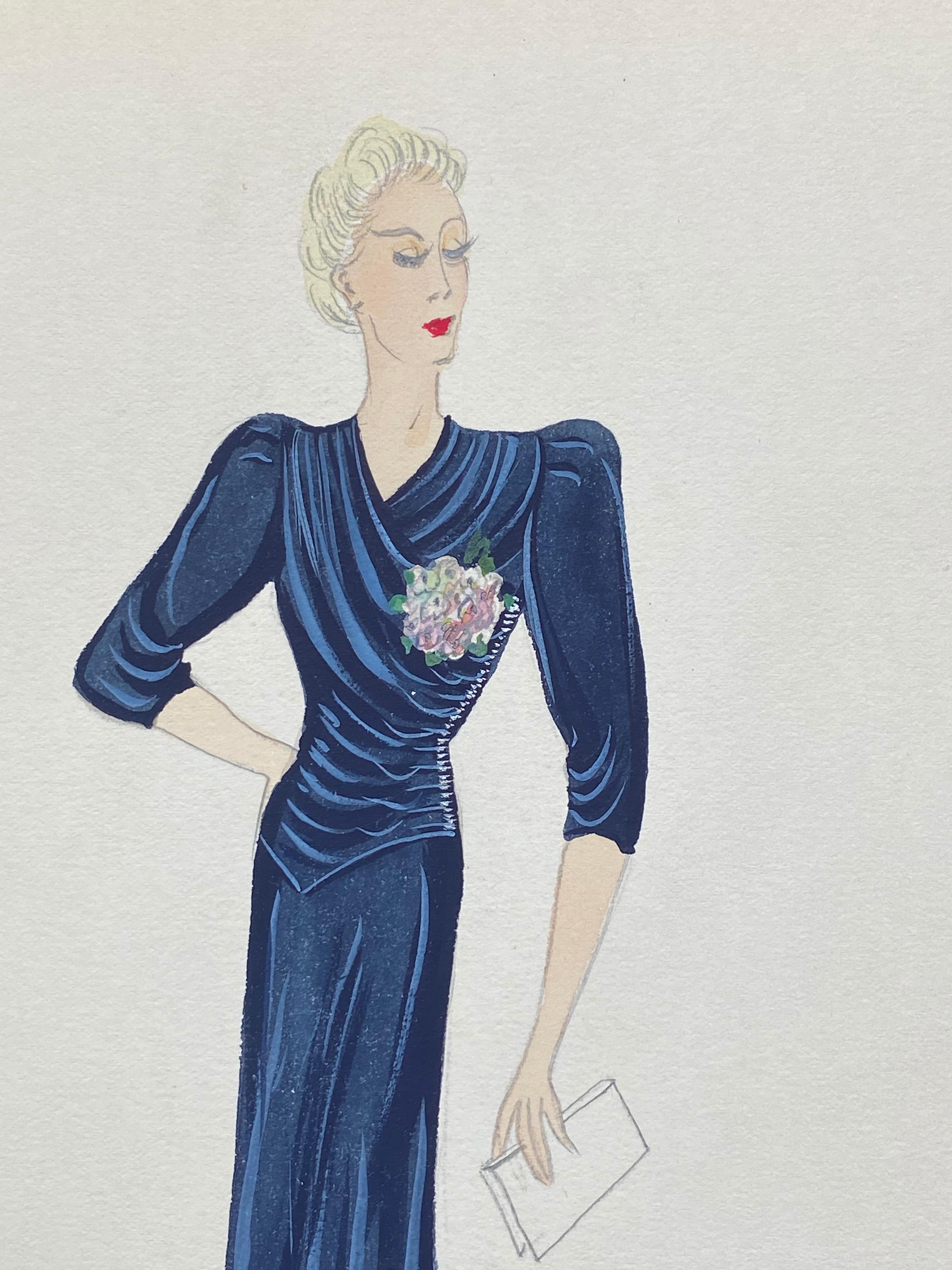 Aquarelle originale de conception de mode parisienne des années 1930, Illustration d'une femme élégante - Beige Portrait Painting par Unknown