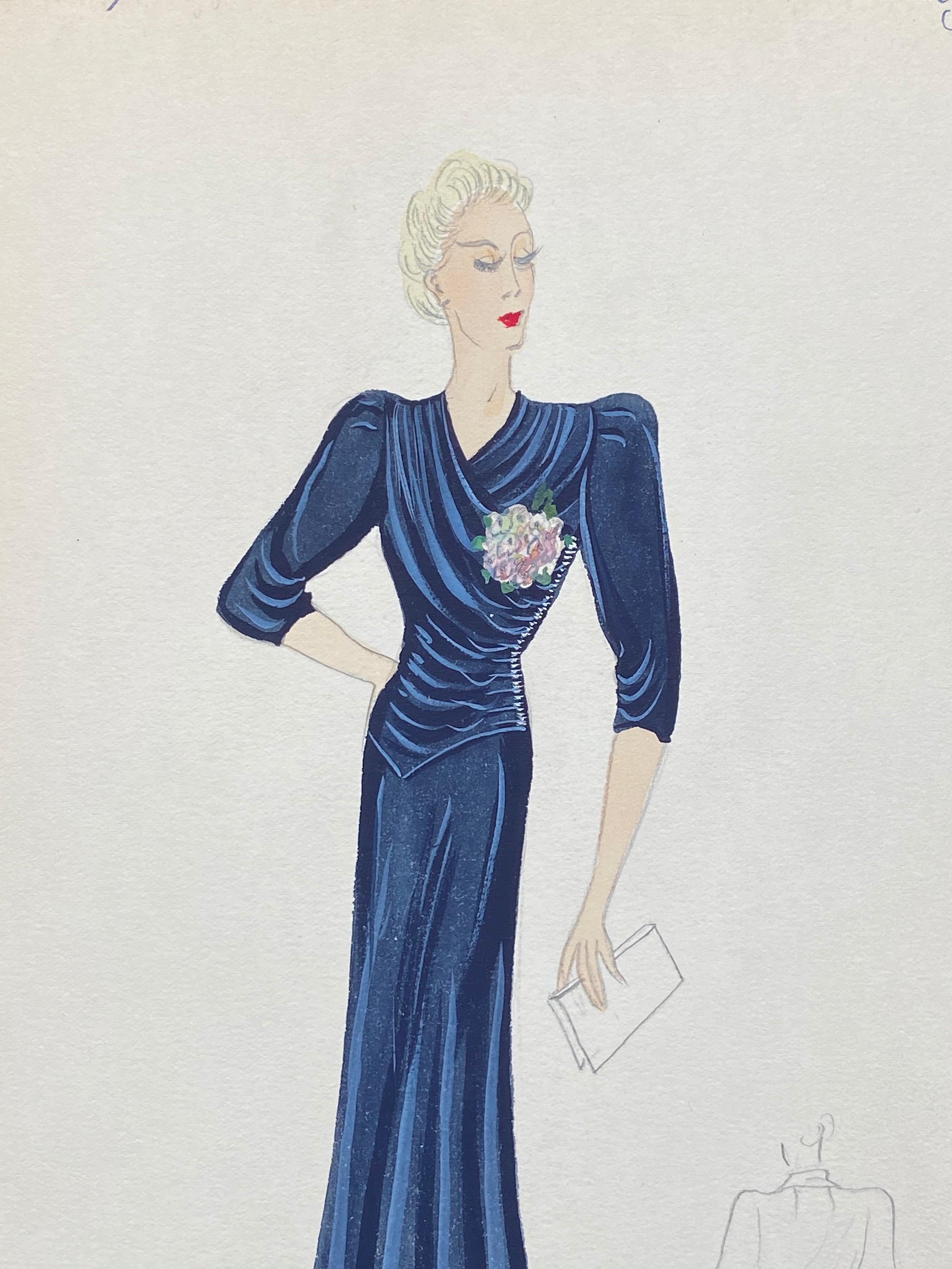 1930's Original Parisian Fashion Design Illustration Watercolor Elegant Lady - Painting by Unknown