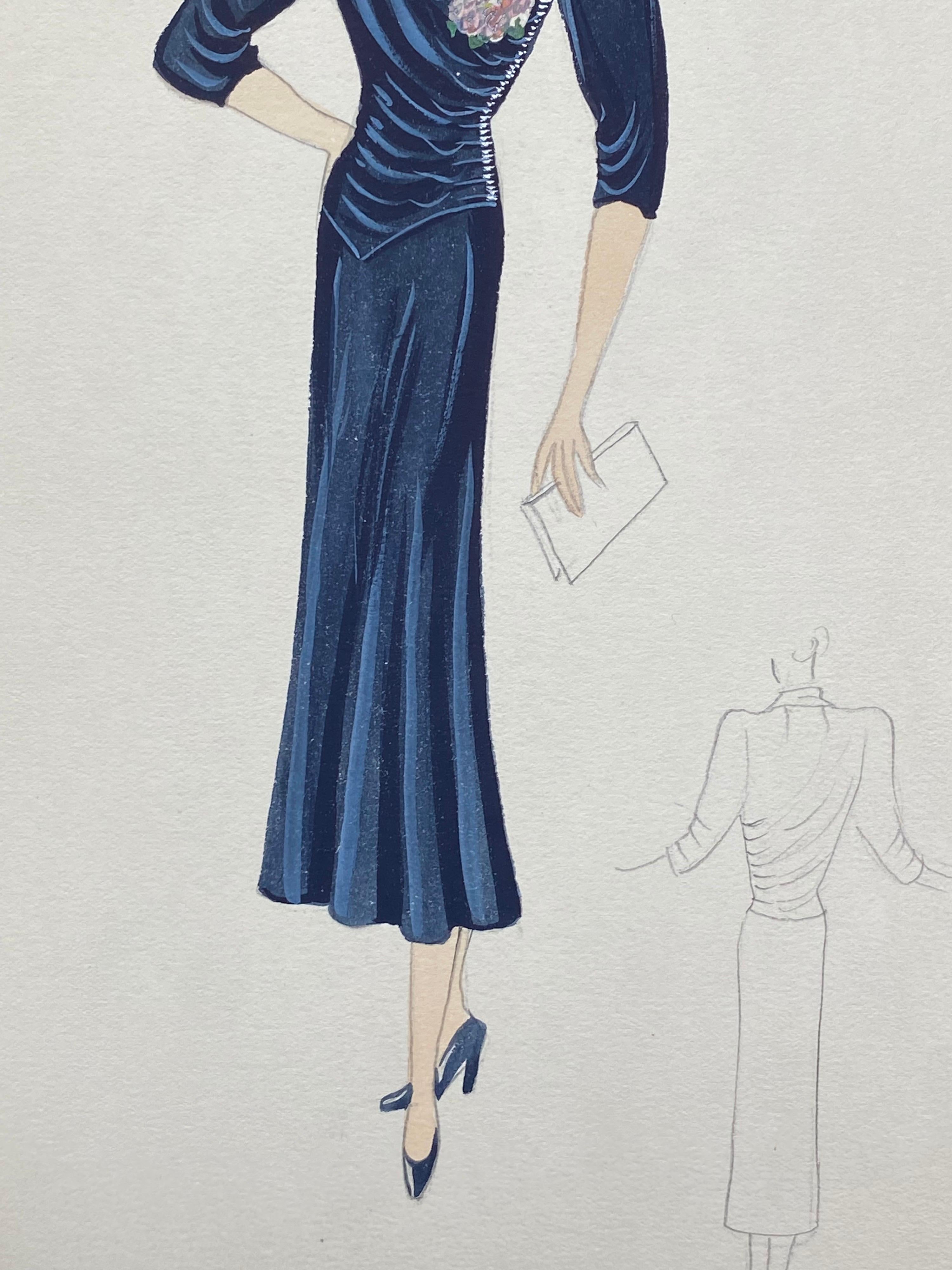 Aquarelle originale de conception de mode parisienne des années 1930, Illustration d'une femme élégante - Impressionnisme Painting par Unknown