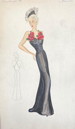 1930's Original Parisian Fashion Watercolor Grand Black Dress With Rose Detail