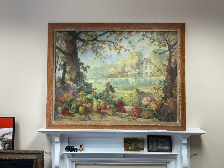 Huge 1930's Original French Signed Oil Chateau Park with Autumn Fruit & Flowers - Painting by French Impressionist