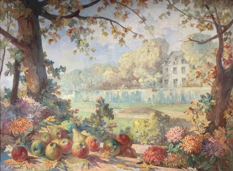 Huge 1930's Original French Signed Oil Chateau Park with Autumn Fruit & Flowers - Impressionist Painting by French Impressionist
