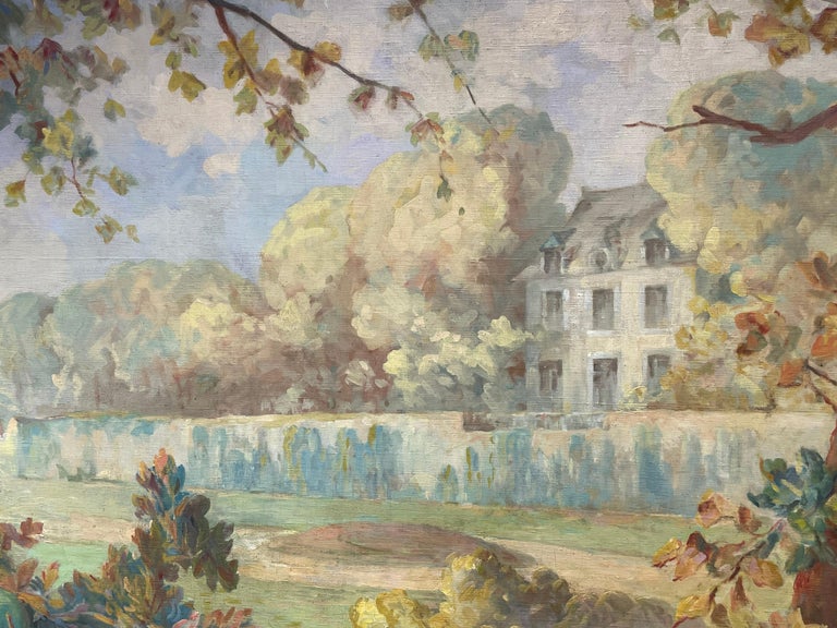 Huge 1930's Original French Signed Oil Chateau Park with Autumn Fruit & Flowers - Brown Still-Life Painting by French Impressionist
