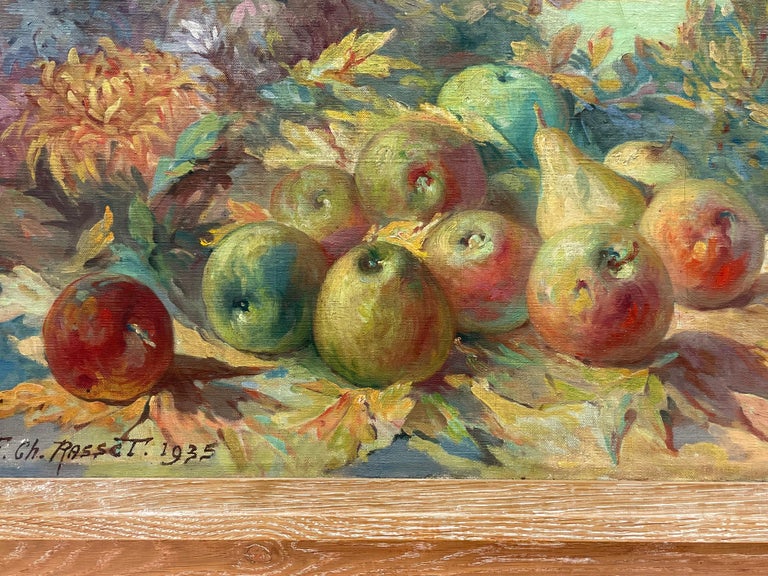 Huge 1930's Original French Signed Oil Chateau Park with Autumn Fruit & Flowers For Sale 1