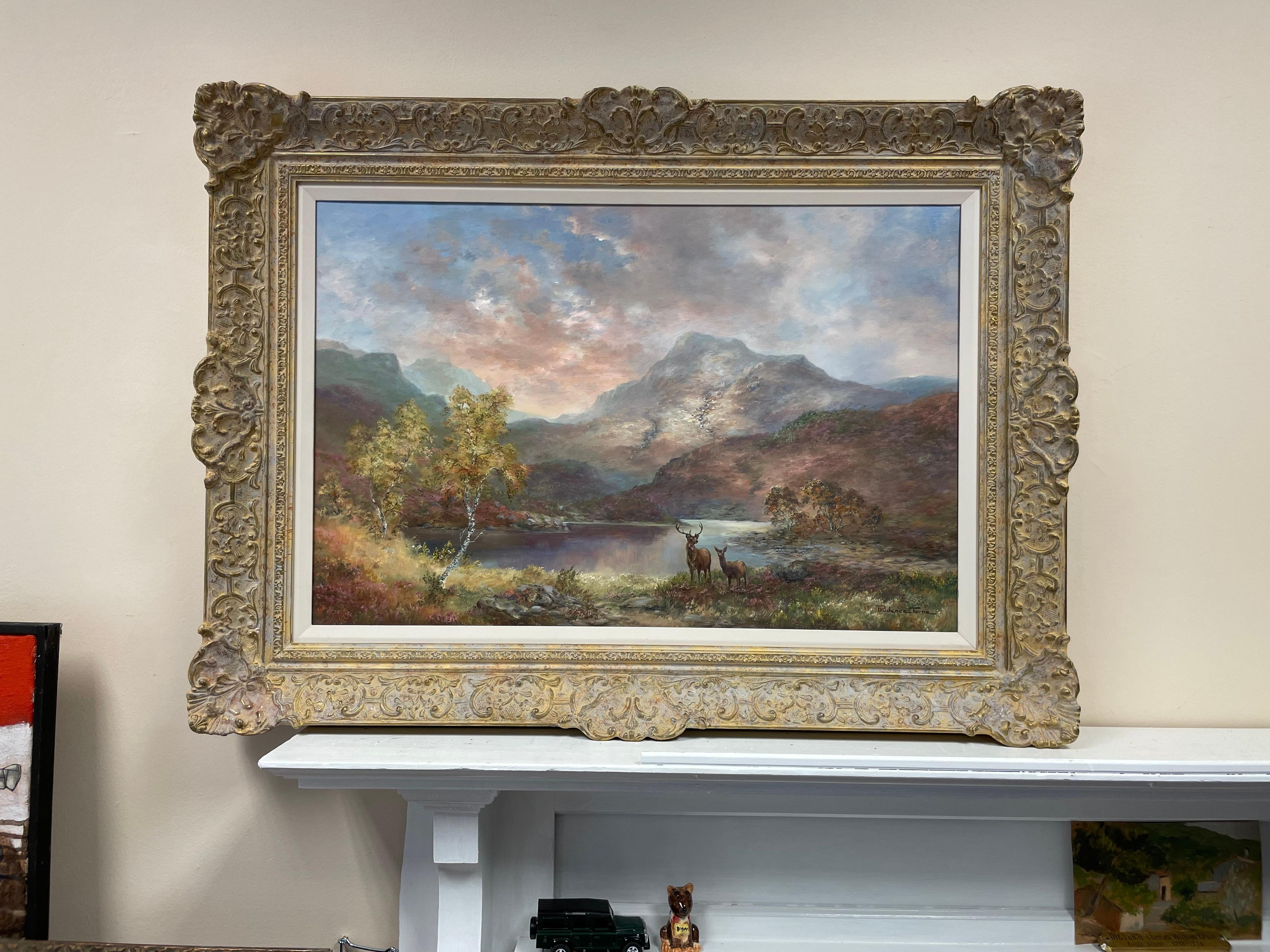 Large Signed Original Oil - Scottish Highlands Stag Deer Loch & Mountains - Painting by Prudence Turner
