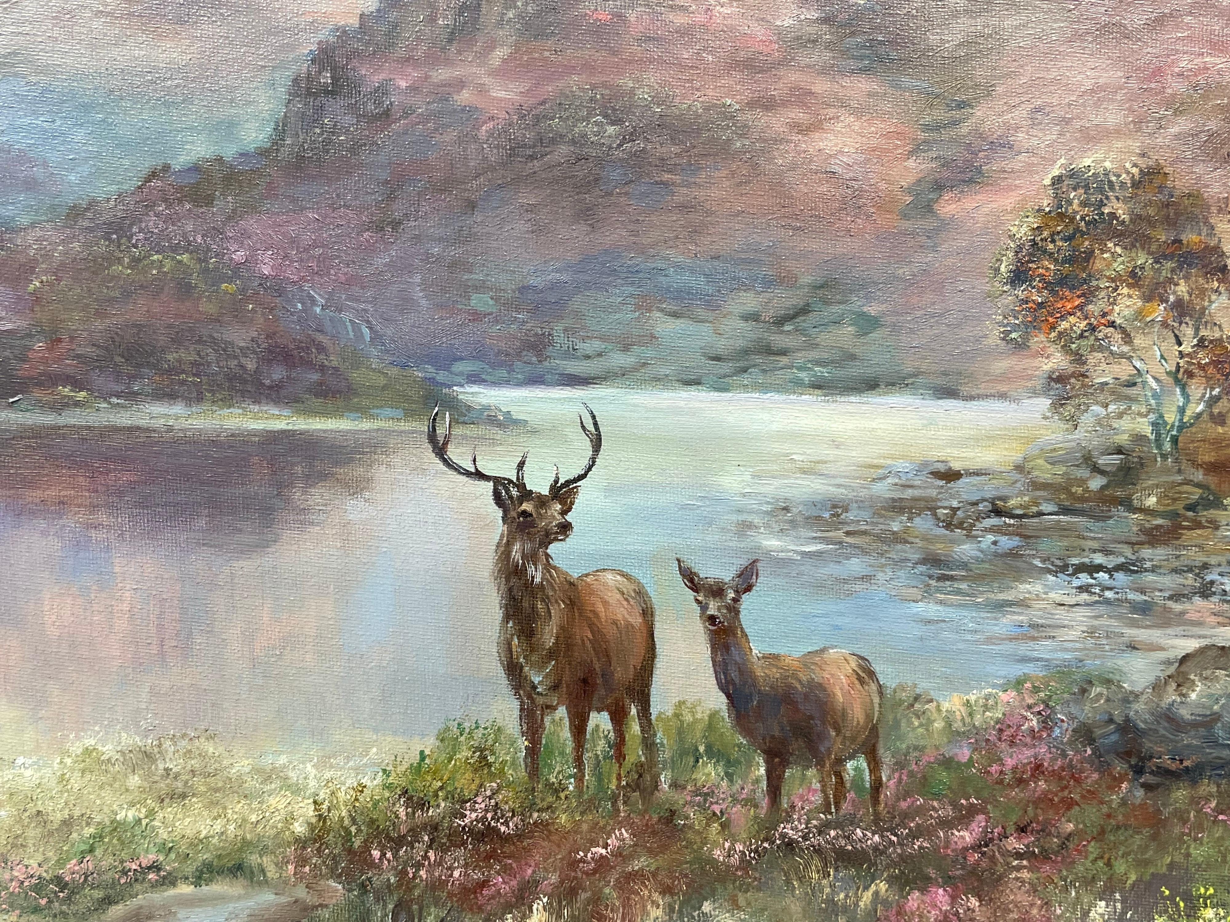 Large Signed Original Oil - Scottish Highlands Stag Deer Loch & Mountains - Victorian Painting by Prudence Turner