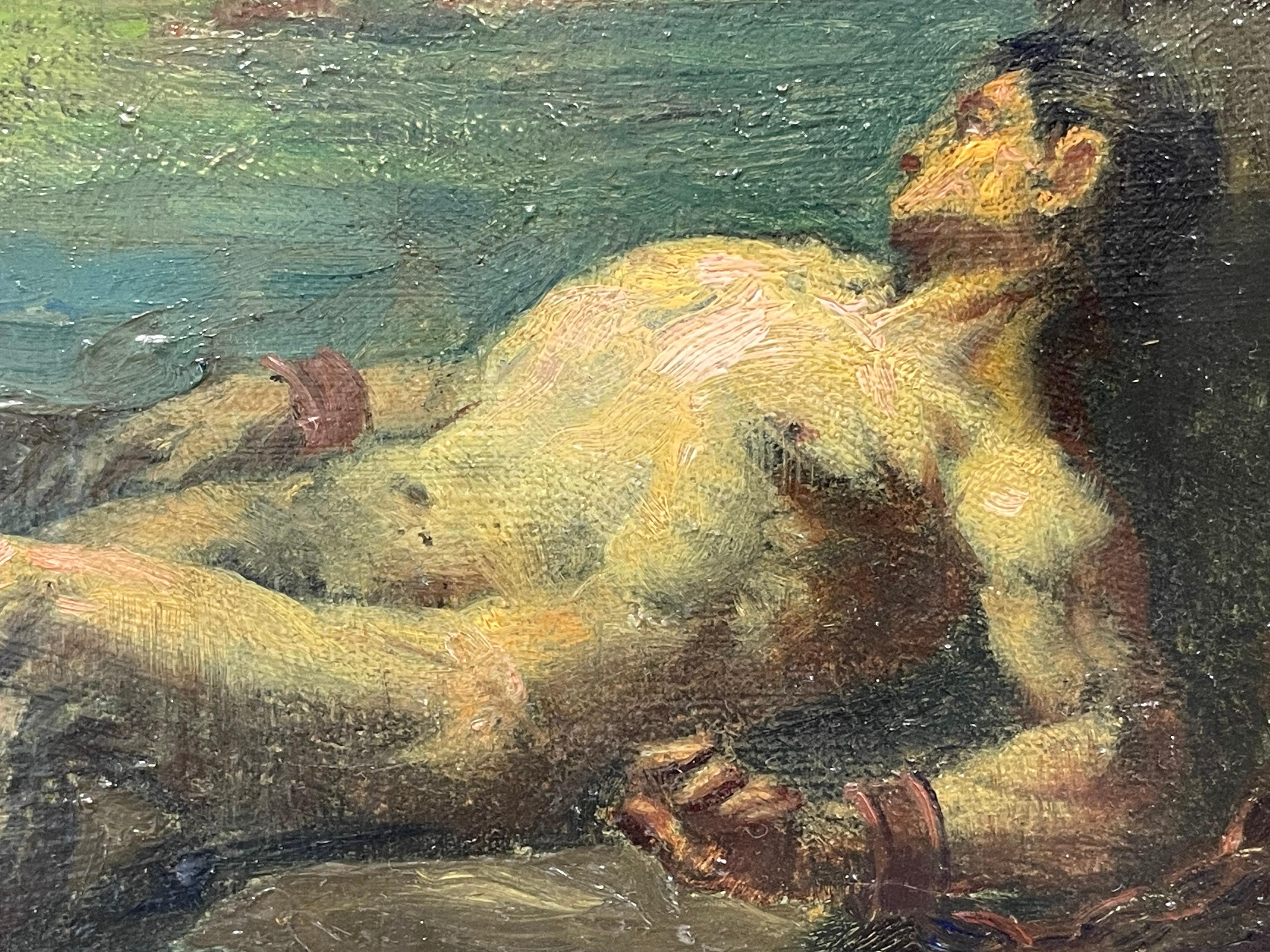 Antique French Symbolist Signed Oil Prometheus Chained to Rocks Naked Man by sea - Black Landscape Painting by E. Schemann