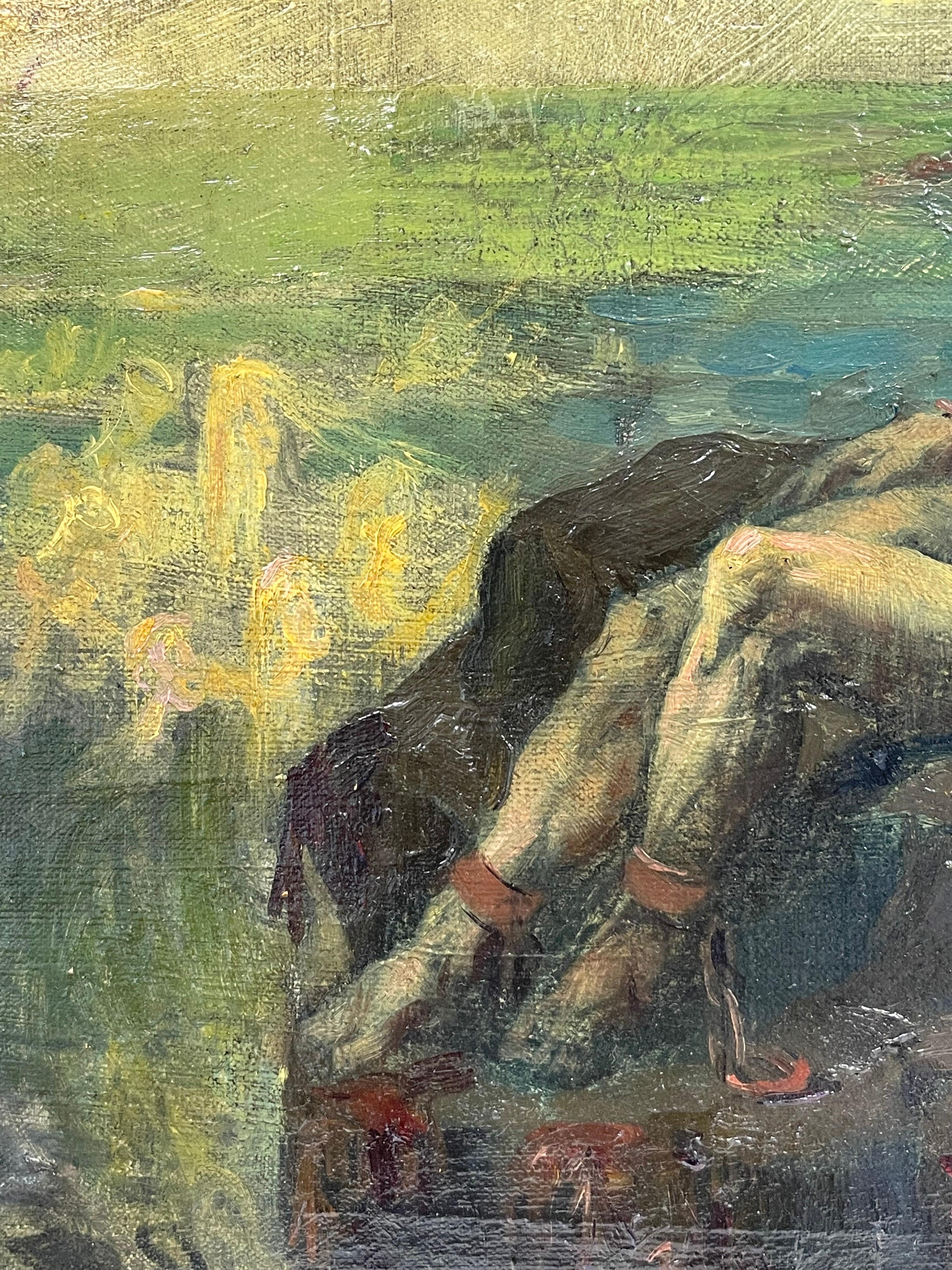 Prometheus chained to the Rocks
French School, signed and dated 1905
titled verso/ inscribed by the artist
oil painting on canvas, unframed
canvas measures 13 x 16 inches

condition: good, original and presentable. There are minor scuffs/ paint loss