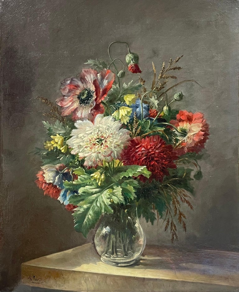 Still Life of Flowers in Glass Vase
by Adolphe Riottot (French b. 1850)
signed lower left corner
oil painting on canvas, unframed
size: 29 x 23.5 inches
condition: overall very good and presentable
provenance: private collection, France

A very