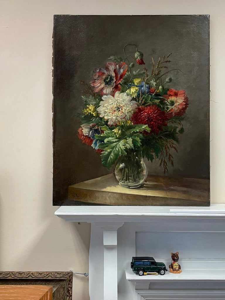 Large 19th Century French Signed Oil Painting - Profusion of Flowers Glass Vase - Gray Interior Painting by Adolphe Riottot
