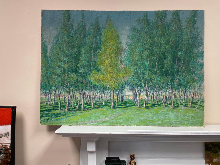 Very Large 1930's French Impressionist Signed Oil - Avenue of Green Wispy Trees - Gray Landscape Painting by 1930's French Impressionist