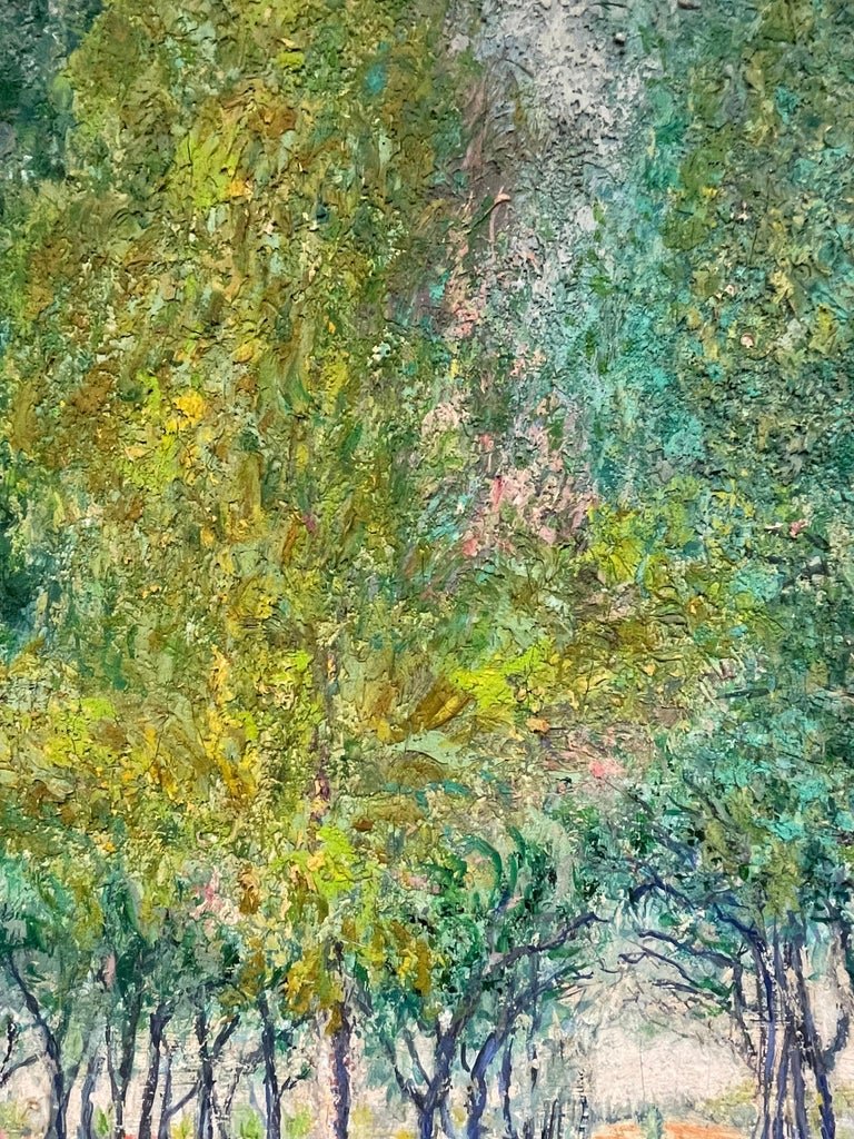 Very Large 1930's French Impressionist Signed Oil - Avenue of Green Wispy Trees For Sale 4