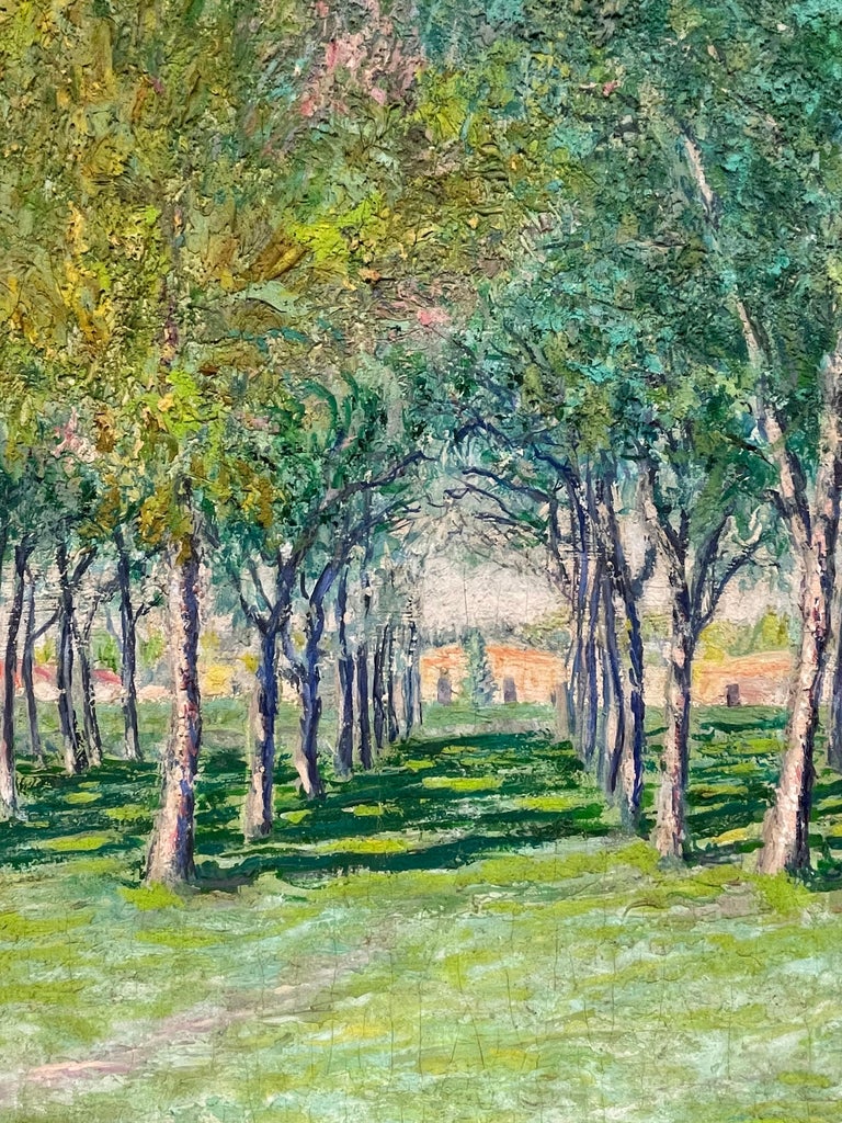 Very Large 1930's French Impressionist Signed Oil - Avenue of Green Wispy Trees For Sale 6