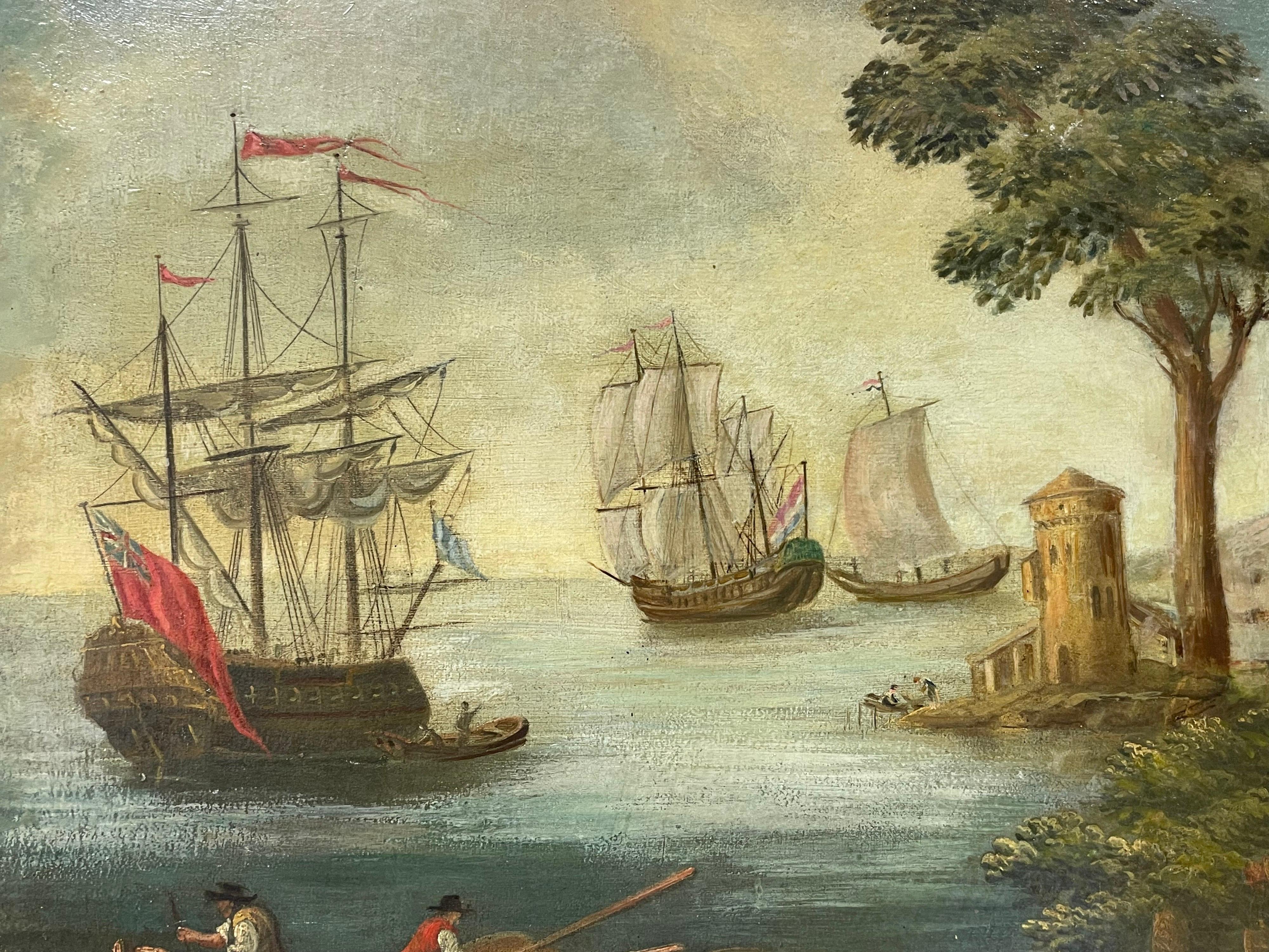 Huge 18th Century French Marine Oil Painting British & Dutch Ships in Port 1