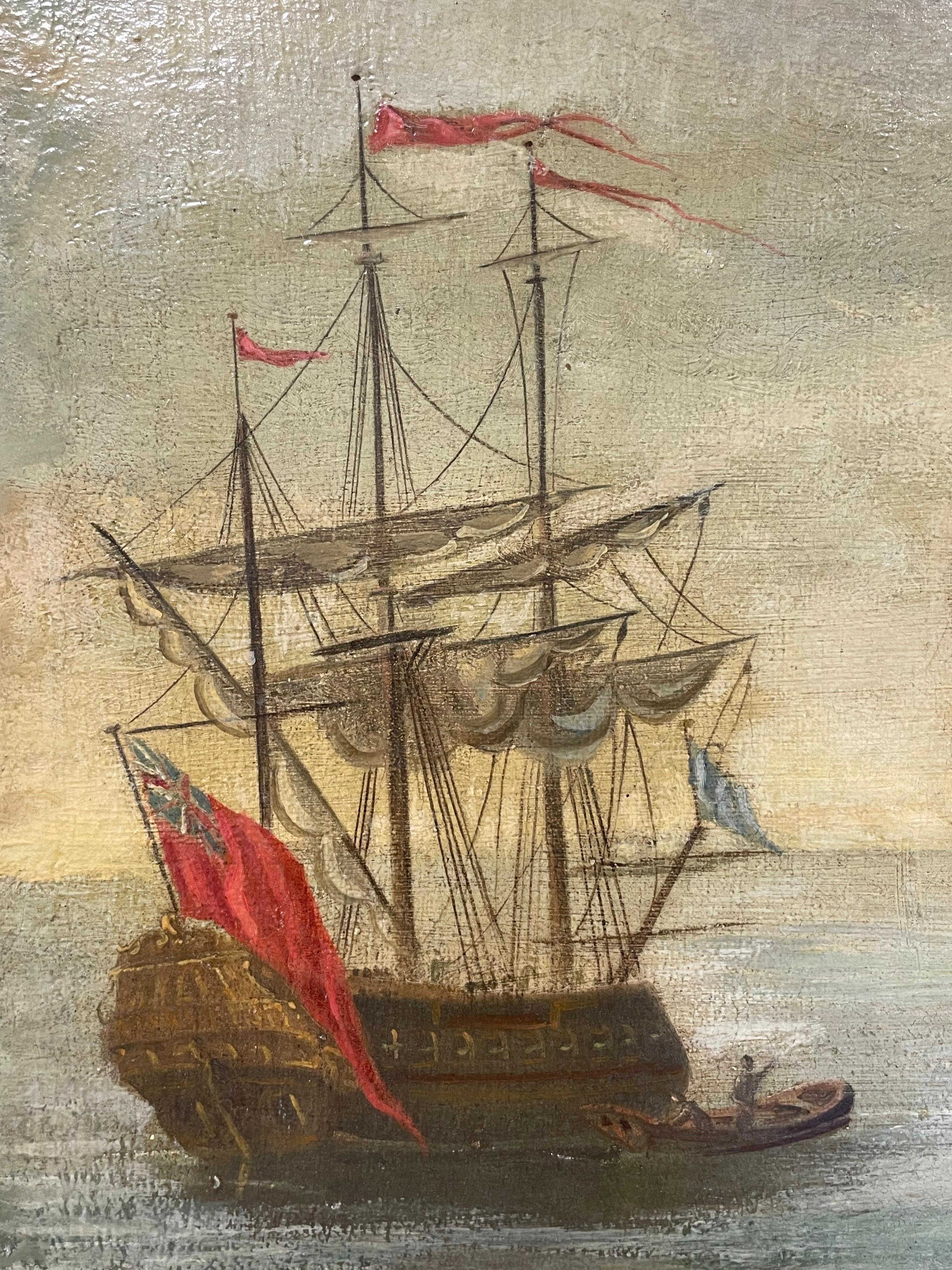 Huge 18th Century French Marine Oil Painting British & Dutch Ships in Port 2