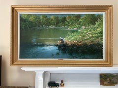 Large French Signed Oil, Lady Washing Clothes on banks of River Seine landscape