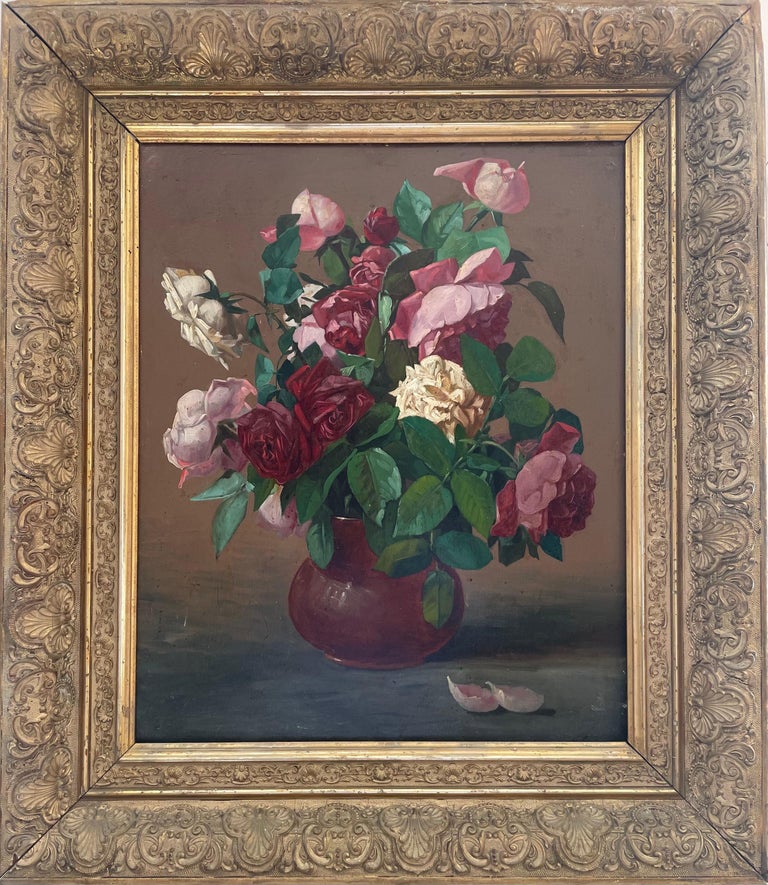 Roses in a Bowl
by Isidore Rosenstock (French, 1880-1956)
signed lower corner
oil painting on board, framed
framed size: 26 x 23 inches
condition: overall very good and pleasing; antique period frame has a few knocks and fragile areas though this is