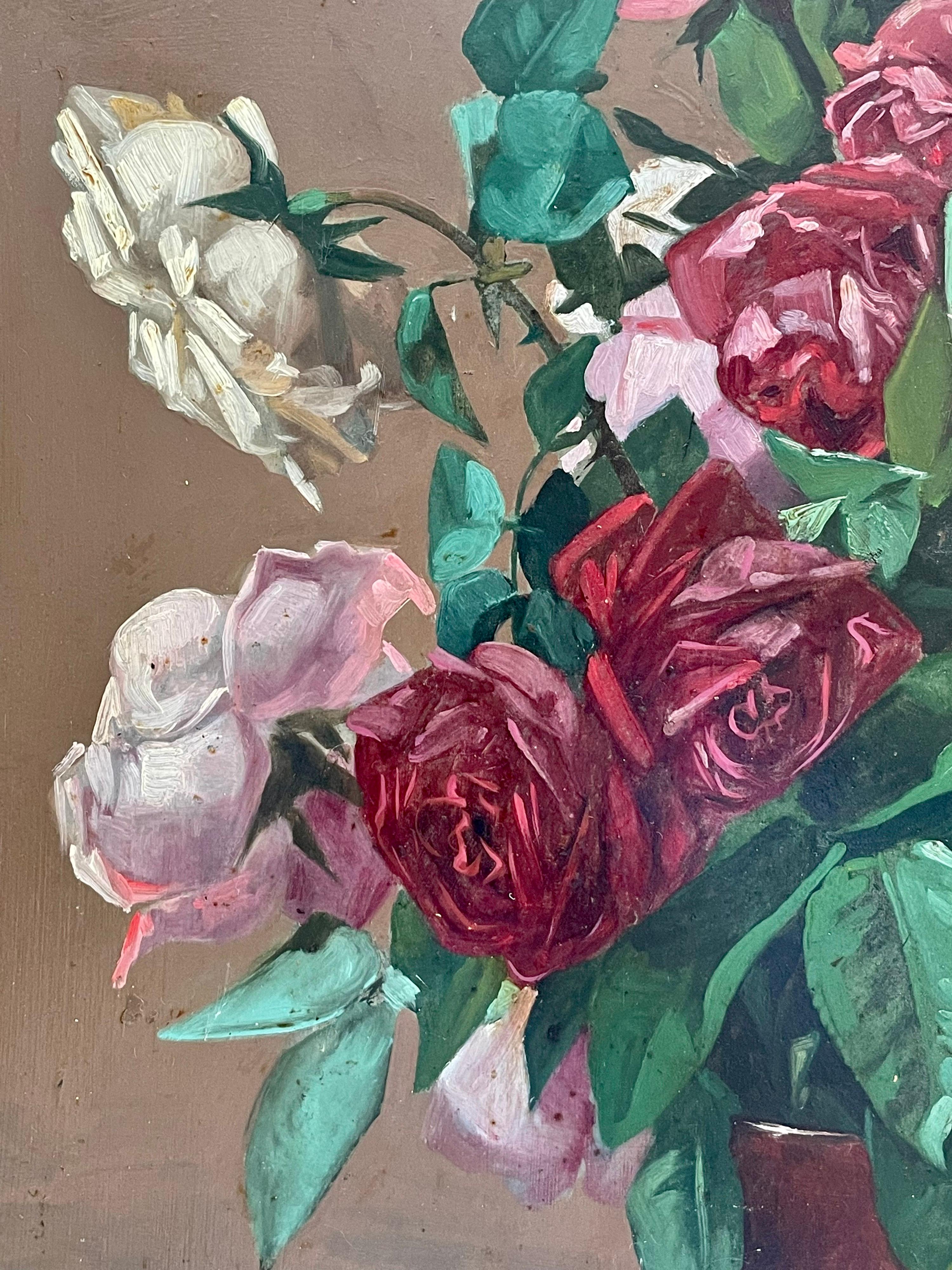 Beautiful Original French Vintage Flower Painting Red & Pink Roses in Bowl - Gray Interior Painting by Isidore Rosenstock