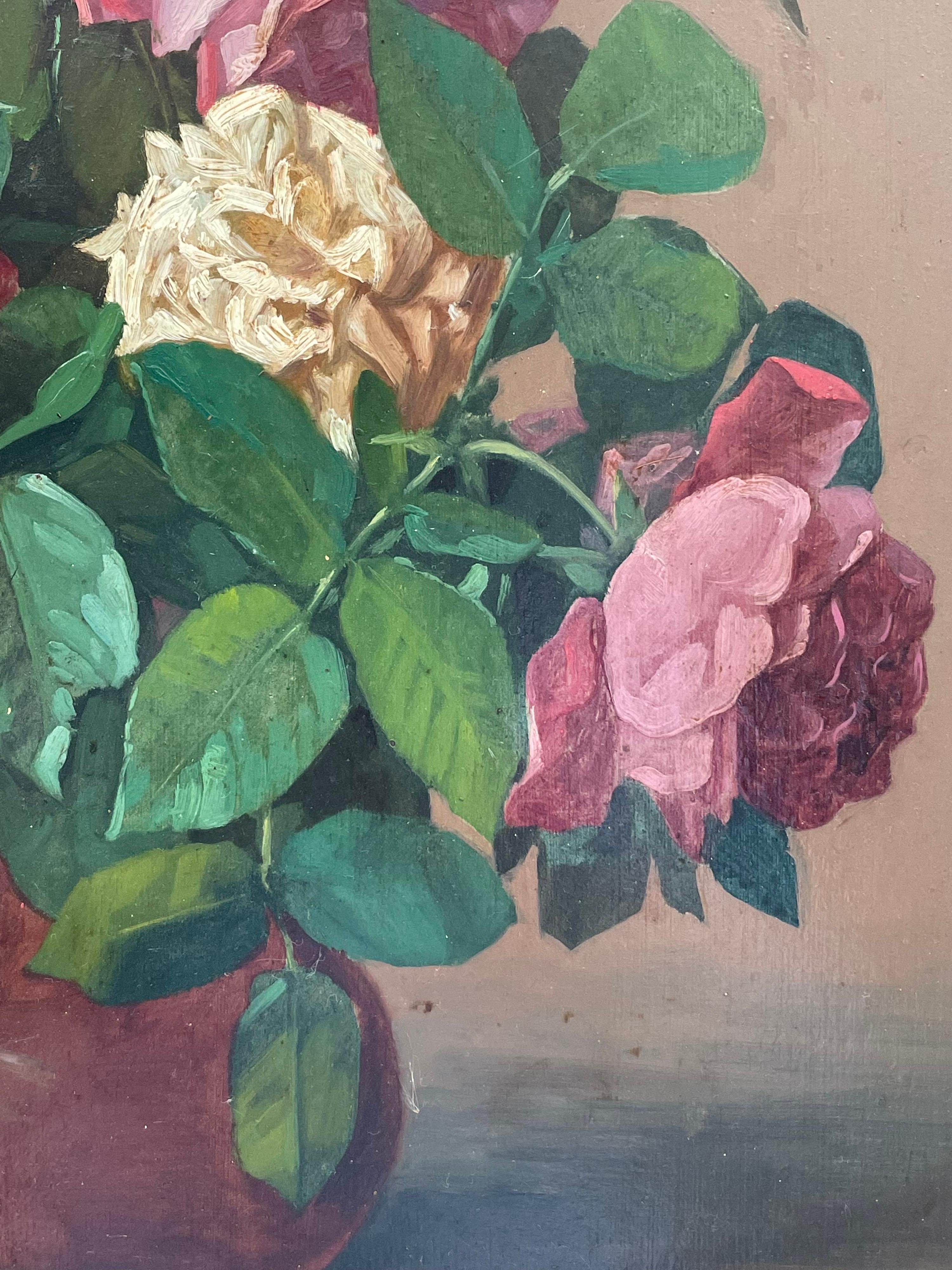 Roses in a Bowl
by Isidore Rosenstock (French, 1880-1956)
signed lower corner
oil painting on board, framed
framed size: 26 x 23 inches
condition: overall very good and pleasing; antique period frame has a few knocks and fragile areas though this is