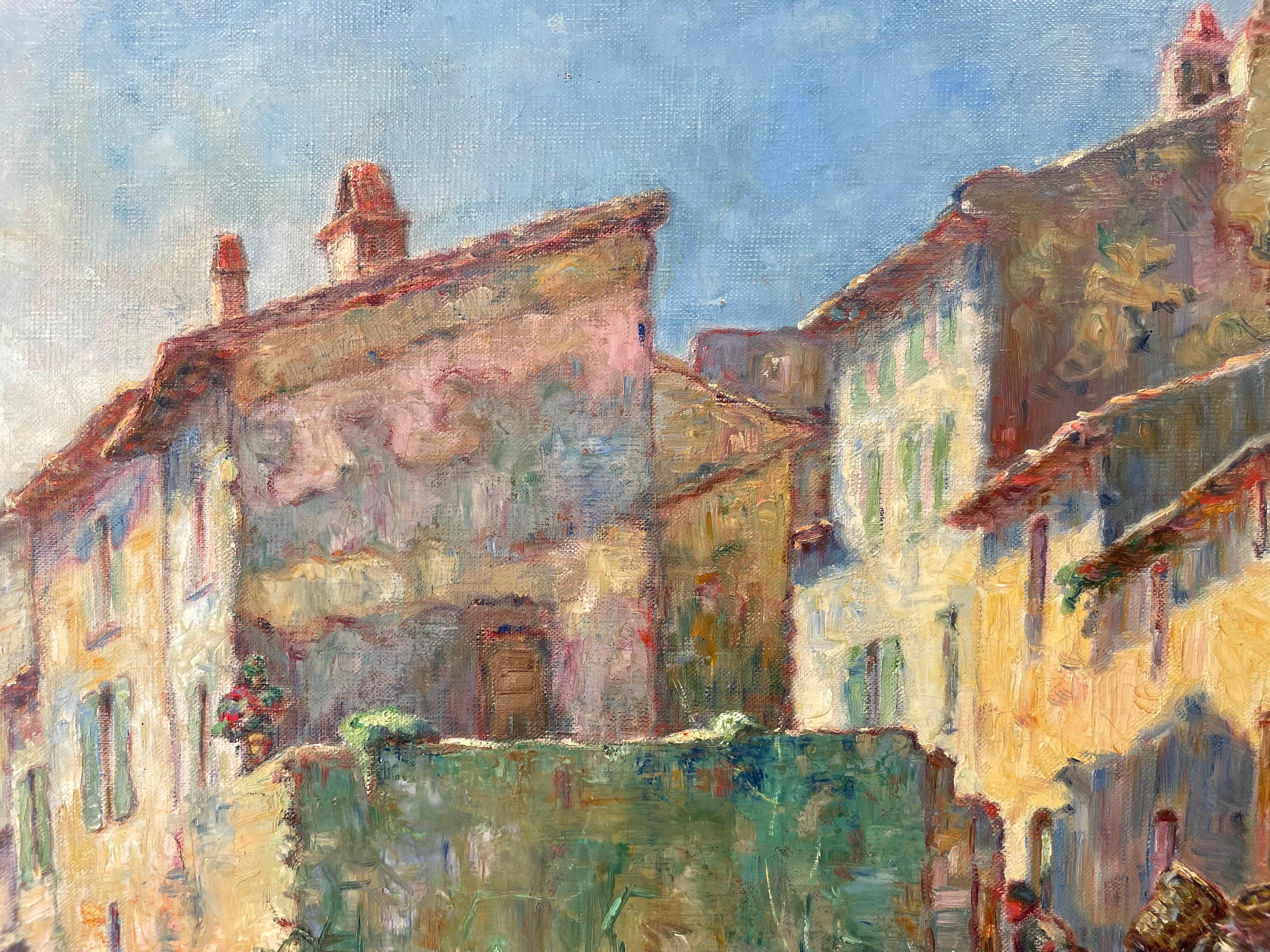 1920's St. Tropez Signed French Impressionist Oil Painting Sleepy Old Town 3