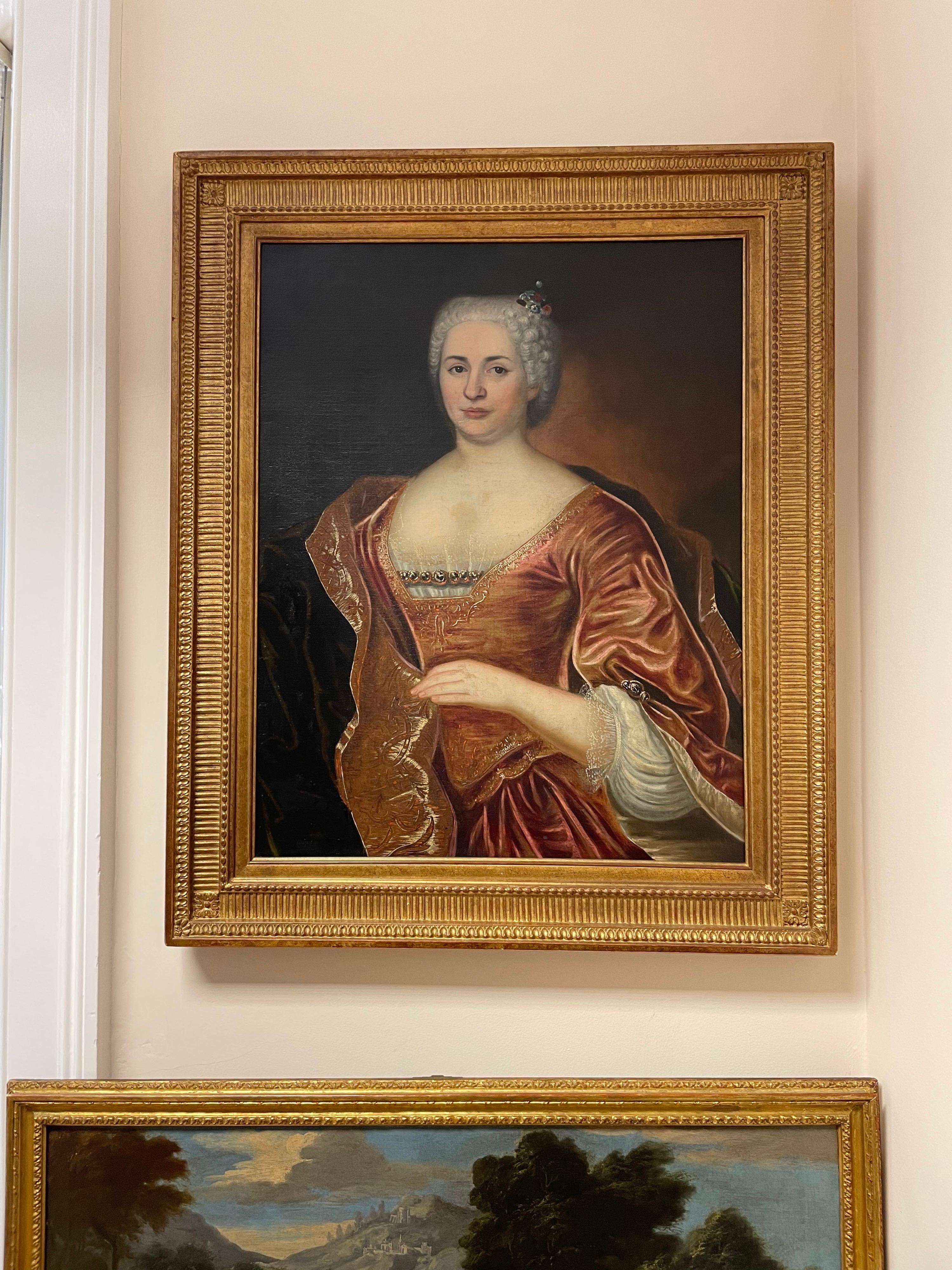 Fine 1700's French Old Master Oil Portrait of Aristocratic Lady in Silk Dress - Painting by 1700's French Master
