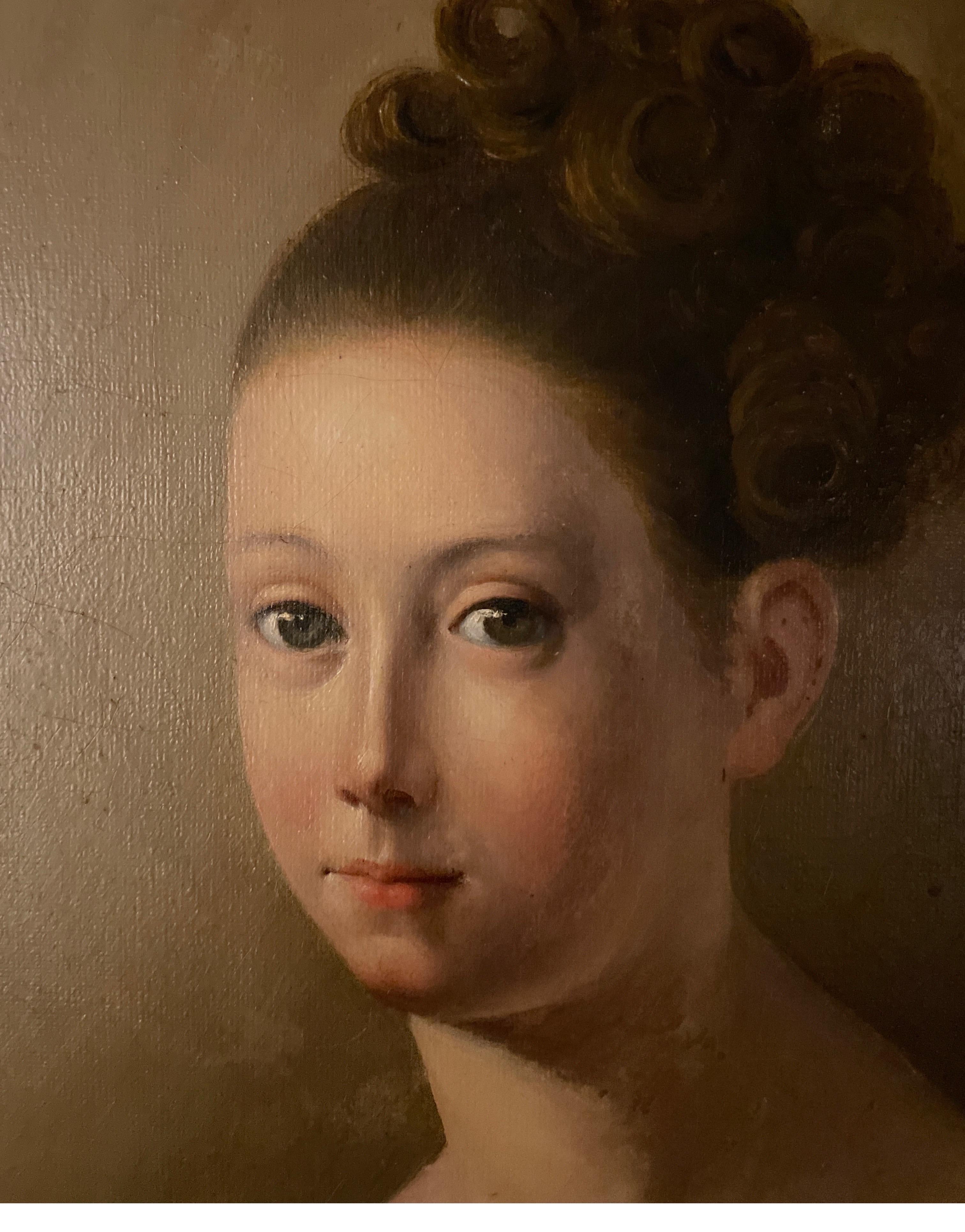 c.1800 FRENCH OIL PAINTING - PORTRAIT OF ARISTOCRATIC YOUNG LADY IN DRESS - French School Painting by French c.1800