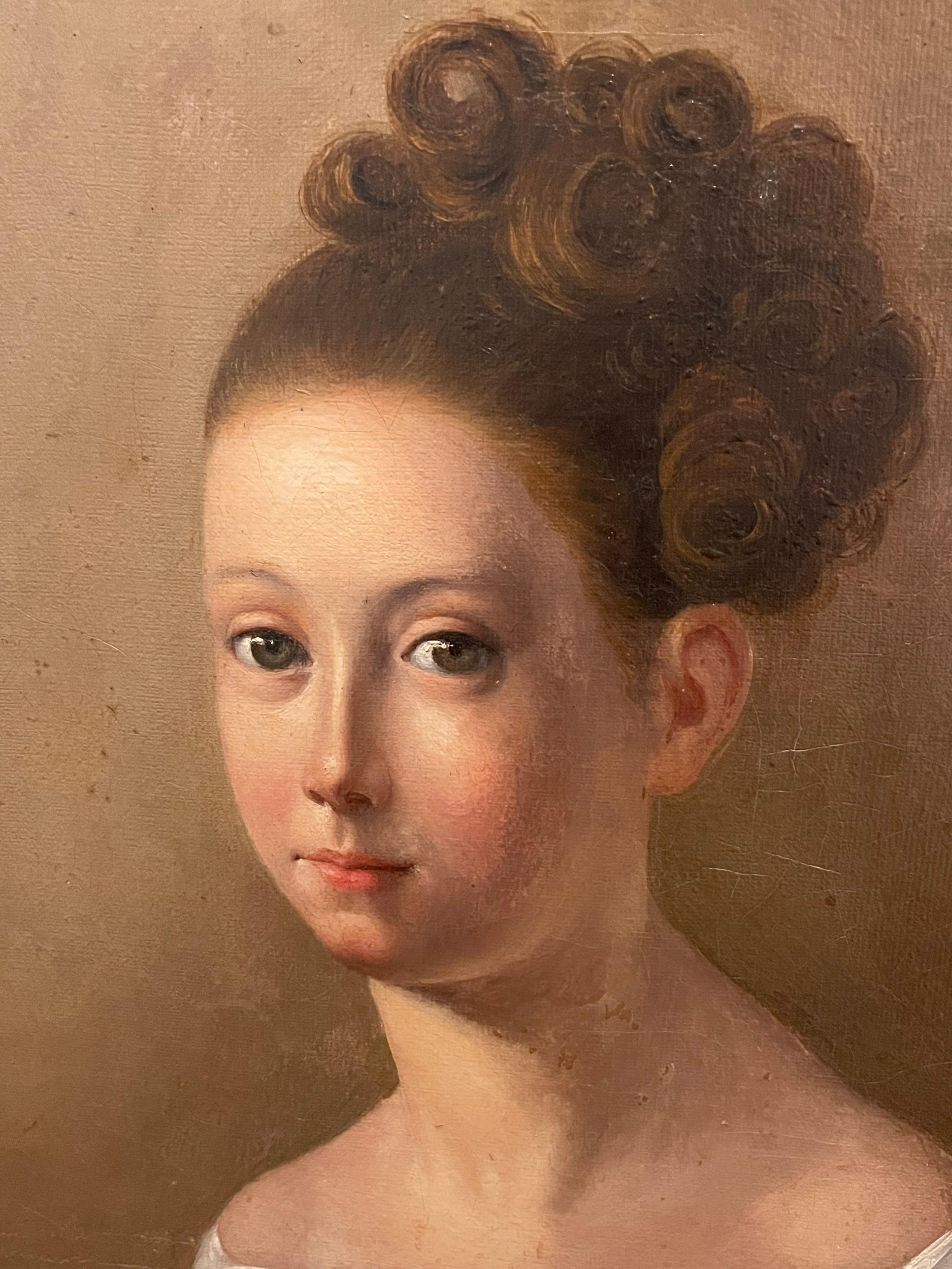 c.1800 FRENCH OIL PAINTING - PORTRAIT OF ARISTOCRATIC YOUNG LADY IN DRESS - Brown Figurative Painting by French c.1800