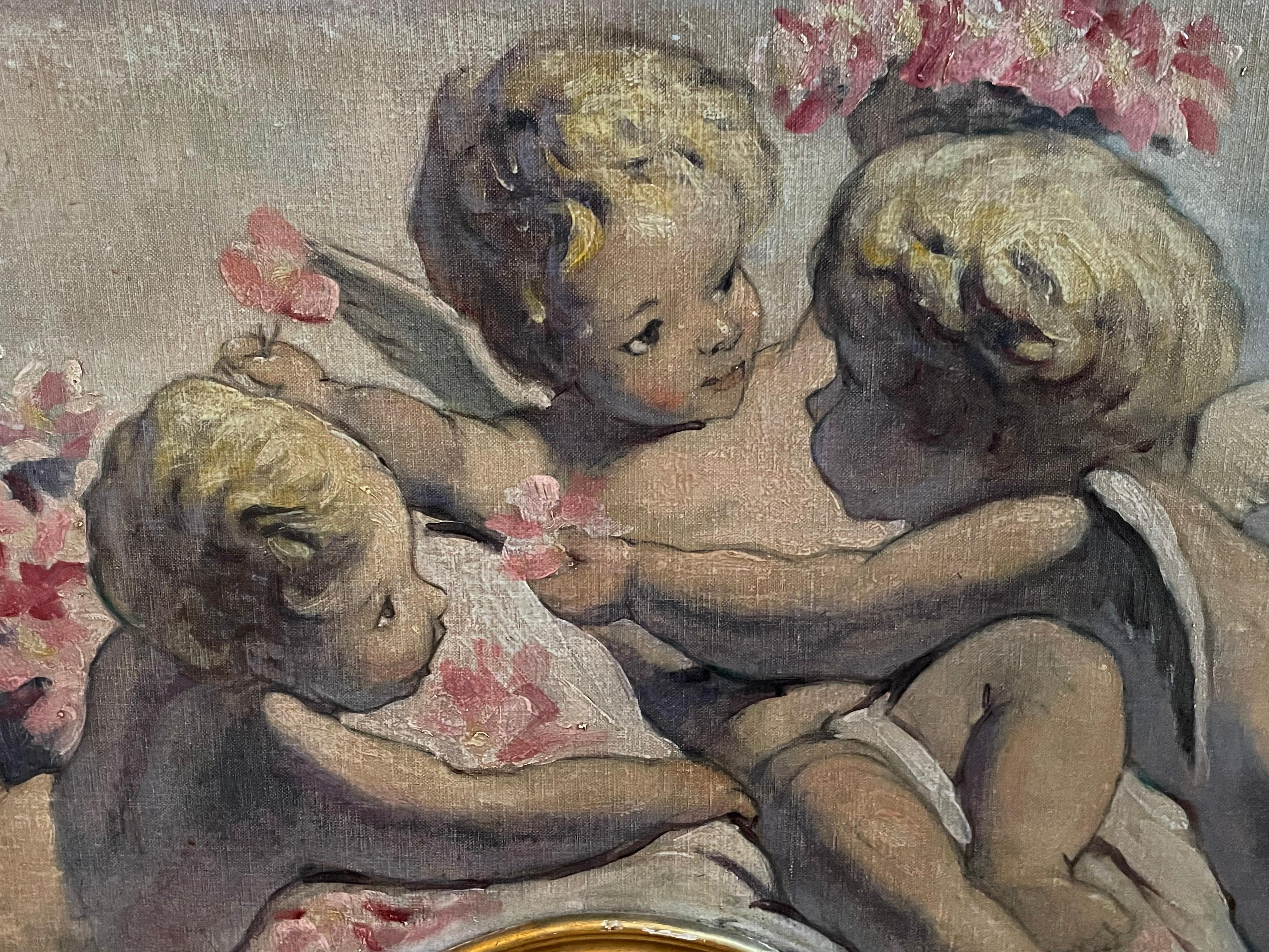 Figurative Painting French Rococo - Fine peinture à l'huile rococo française ancienne à volutes représentant un Cherubim jouant - sur porte