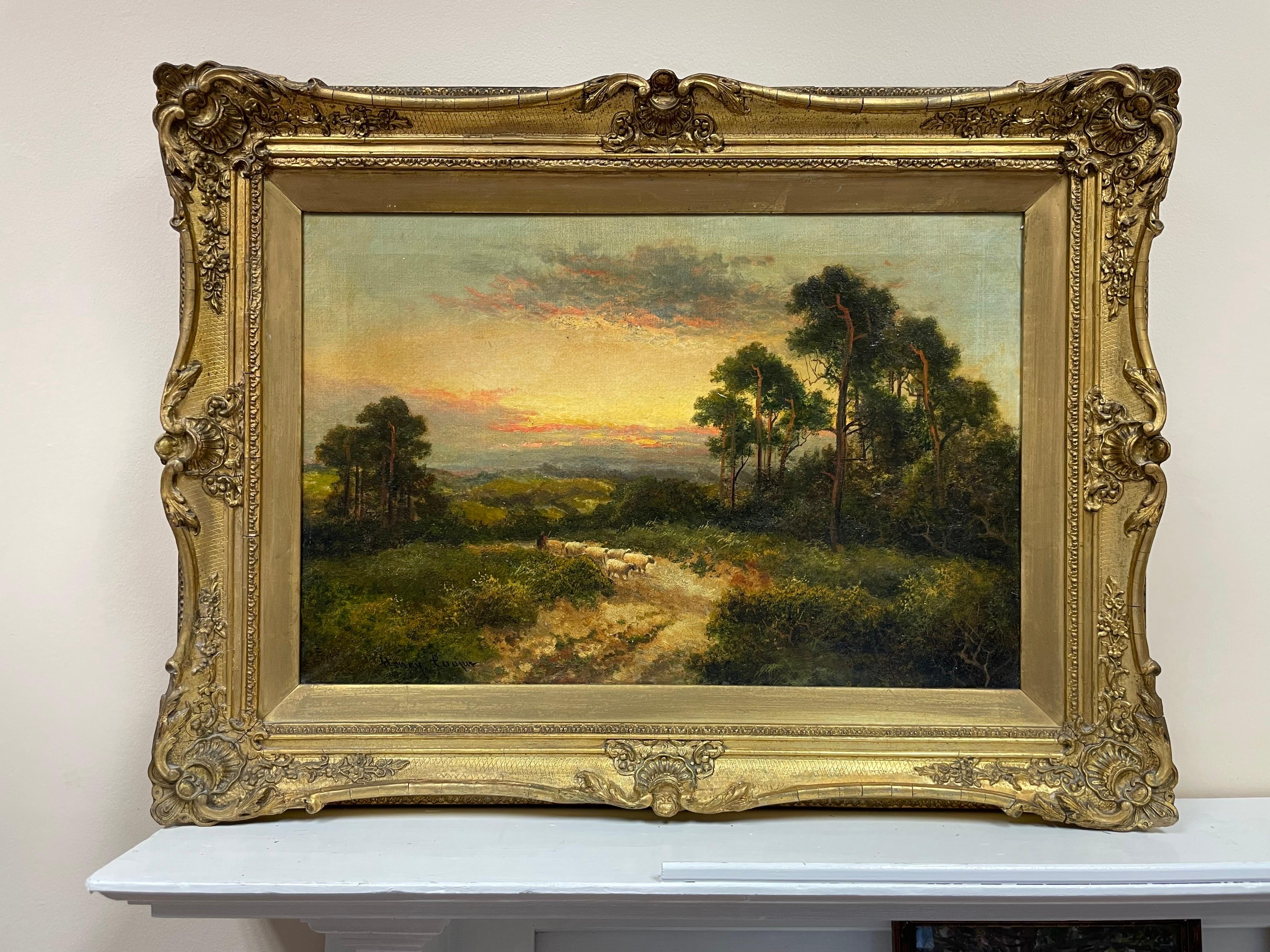 Antique English Signed Oil Shepherd with Sheep Pastoral Sunset Landscape - Painting by Henry Cooper