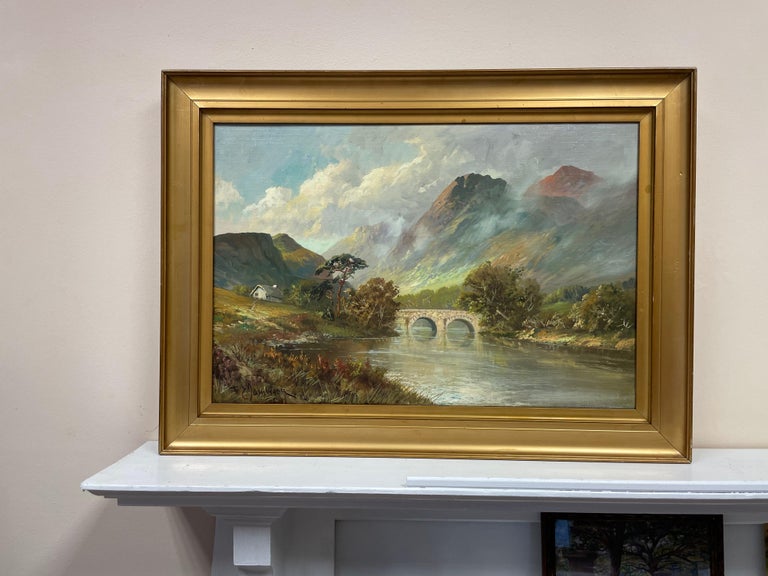 Antique Scottish Highlands Oil Painting River & Mountains Old Stone Bridge - Gray Landscape Painting by Francis E. Jamieson