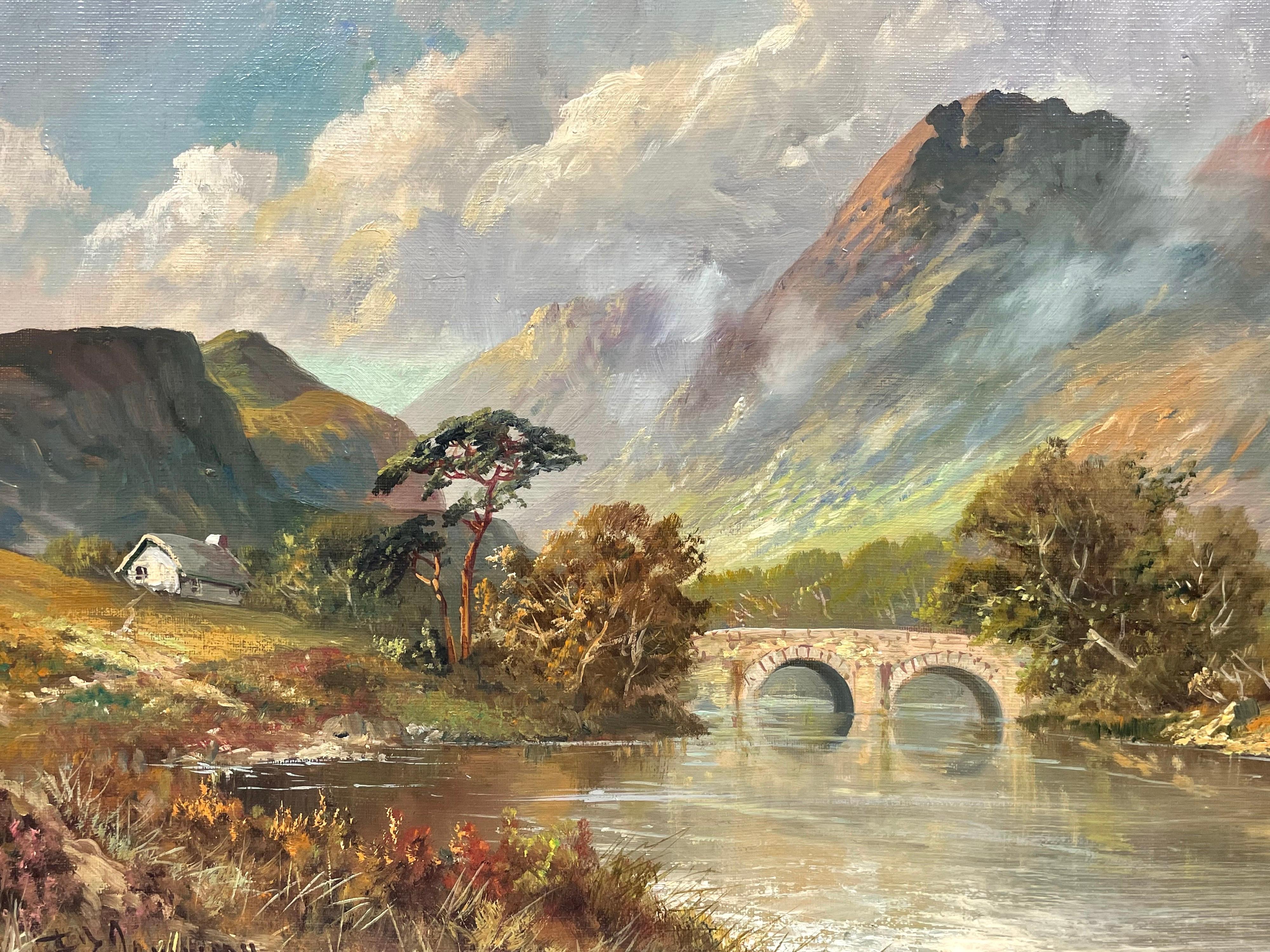 Antique Scottish Highlands Oil Painting River & Mountains Old Stone Bridge - Gray Landscape Painting by Francis E. Jamieson