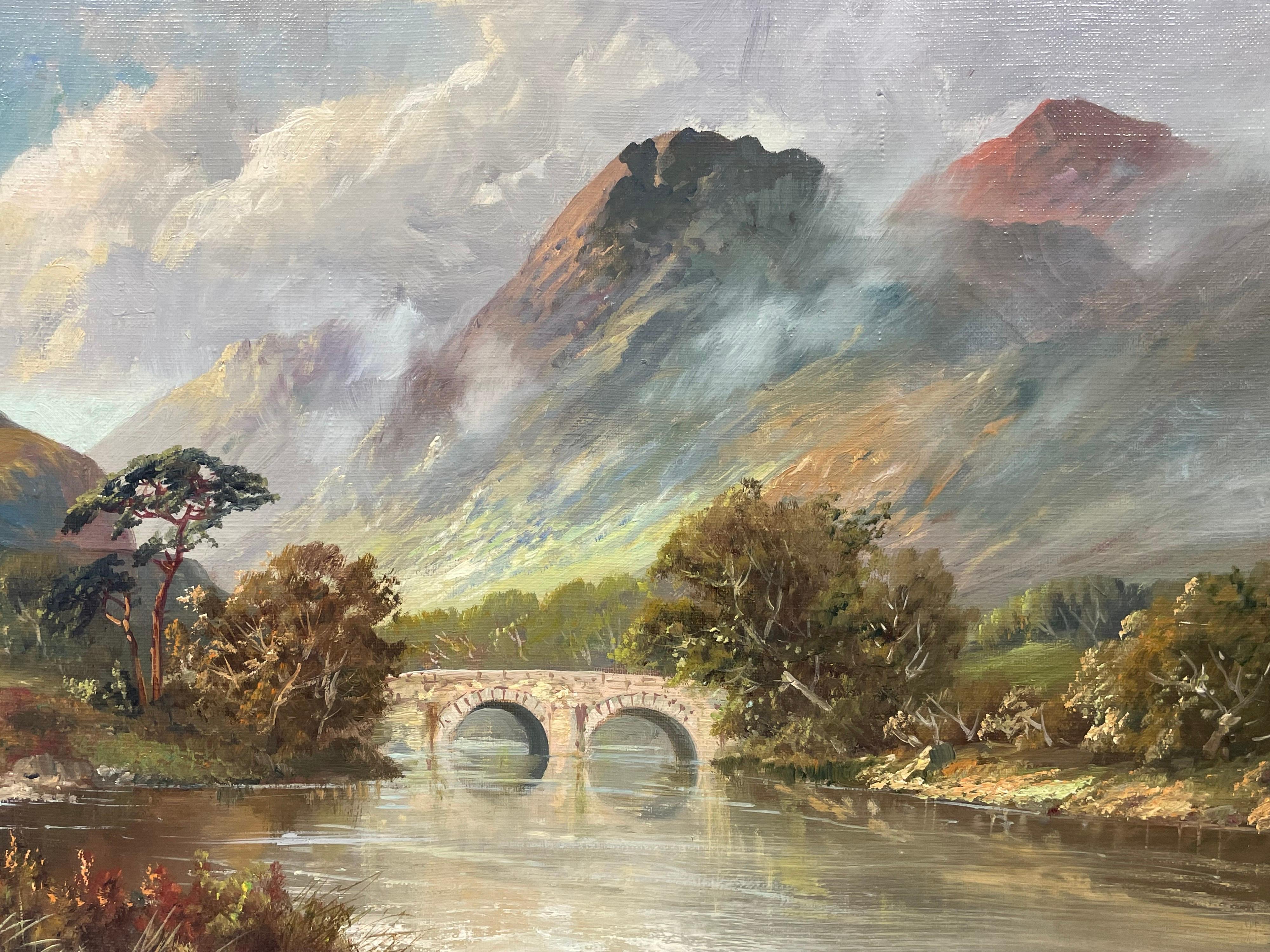 Antique Scottish Highlands Oil Painting River & Mountains Old Stone Bridge For Sale 1