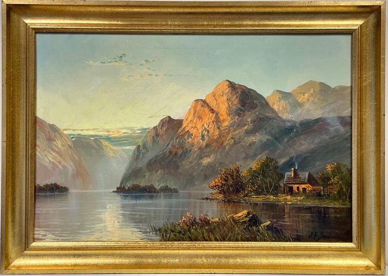 Antique Scottish Highland Loch Scene at Sunset with Cottage Golden Mountains - Victorian Painting by Francis E. Jamieson