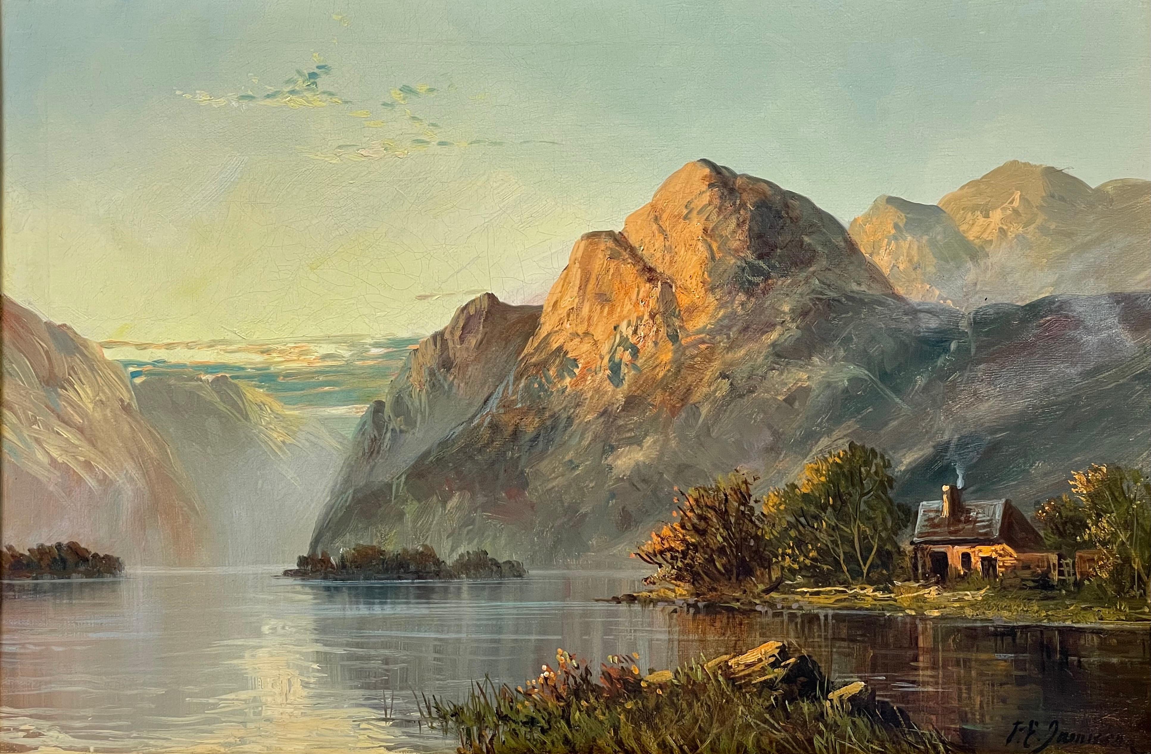 Antike schottische Highland Loch-Szene am Sonnenuntergang mit Cottage Golden Mountains (Braun), Figurative Painting, von Francis E. Jamieson